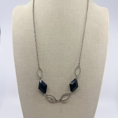 Vintage Silver Tone Black Geometric Lozenge Bead Necklace Textured Link Retro - Thumbnail 4