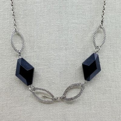Vintage Silver Tone Black Geometric Lozenge Bead Necklace Textured Link Retro - Thumbnail 5