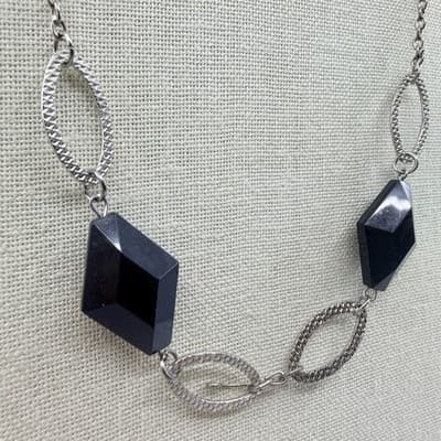 Vintage Silver Tone Black Geometric Lozenge Bead Necklace Textured Link Retro - Thumbnail 6