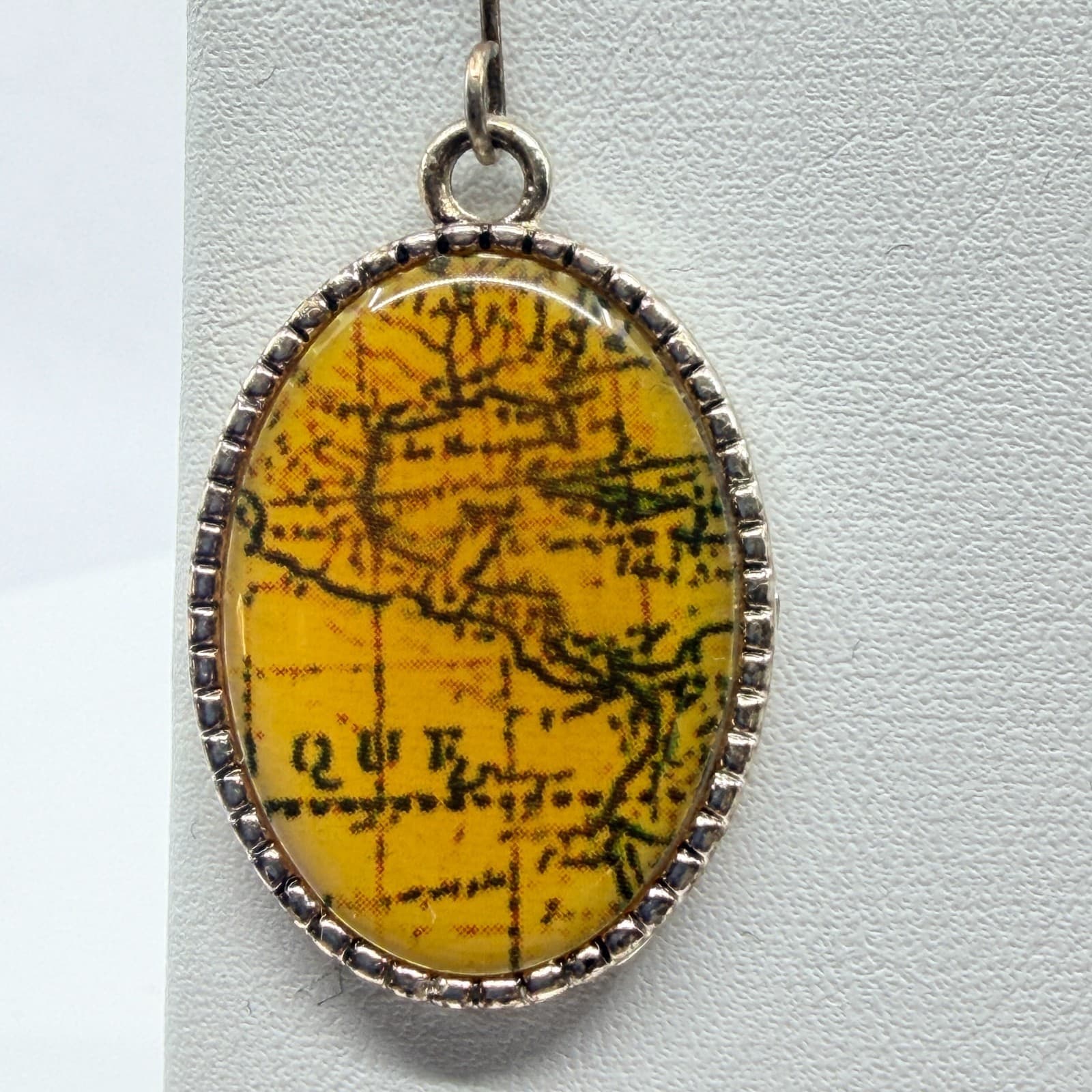 Vintage Map Cabochon Oval Drop Earrings Silver Tone Yellow Wanderlust Y2K Boho - Thumbnail 6