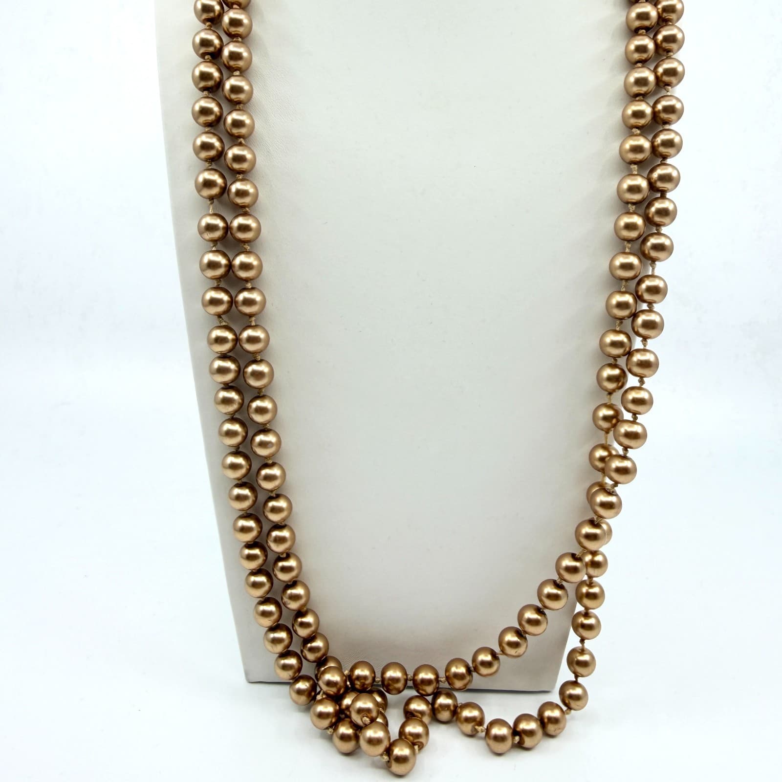 Vintage Champagne Gold Tone Faux Pearl Long Opera Strand Necklace Double Layer - Thumbnail 2
