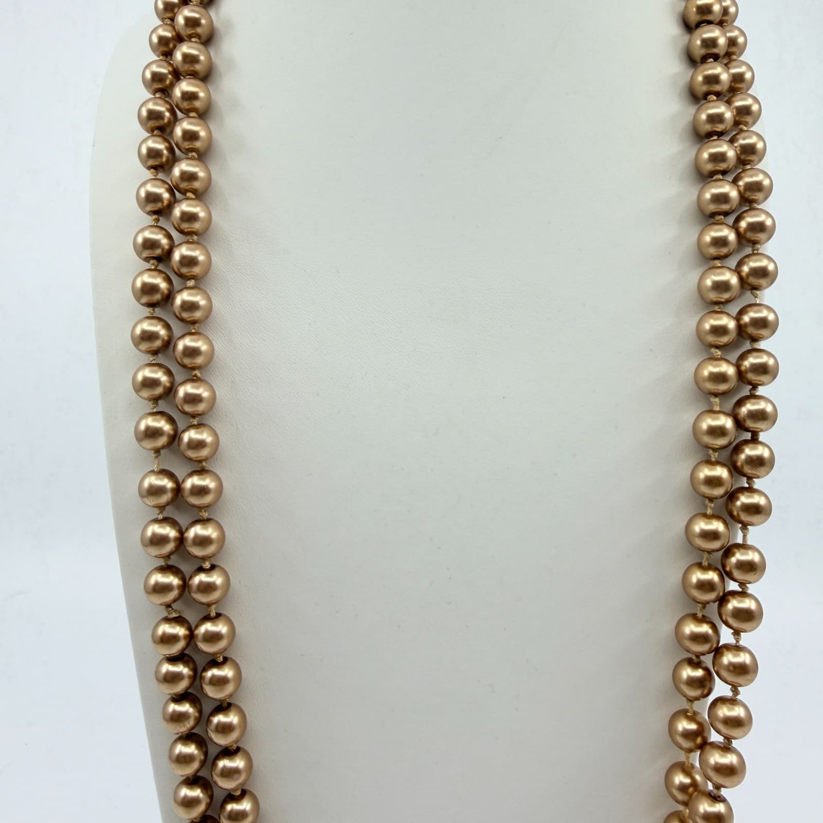 Vintage Champagne Gold Tone Faux Pearl Long Opera Strand Necklace Double Layer - Thumbnail 3