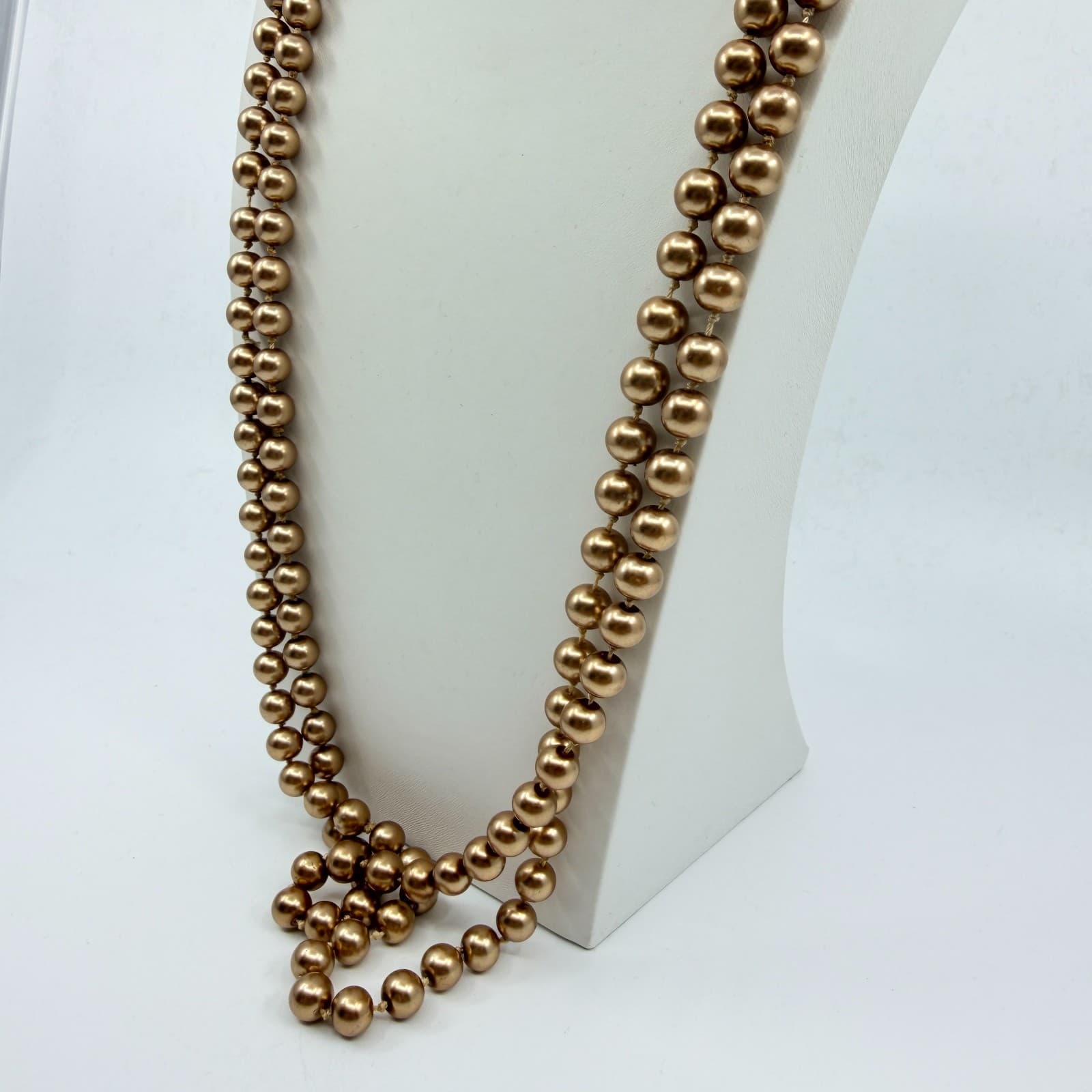 Vintage Champagne Gold Tone Faux Pearl Long Opera Strand Necklace Double Layer - Thumbnail 6