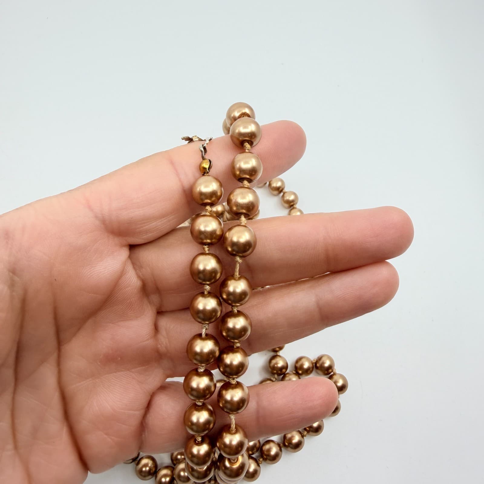 Vintage Champagne Gold Tone Faux Pearl Long Opera Strand Necklace Double Layer - Thumbnail 8