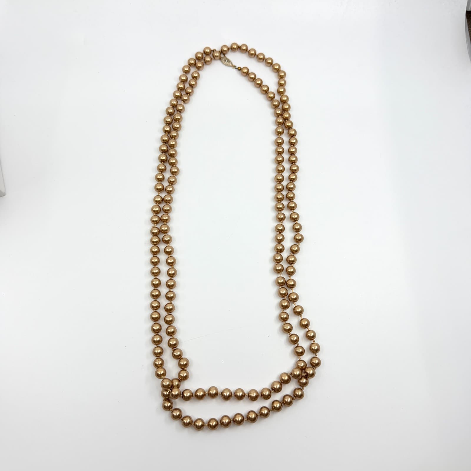 Vintage Champagne Gold Tone Faux Pearl Long Opera Strand Necklace Double Layer - Thumbnail 9