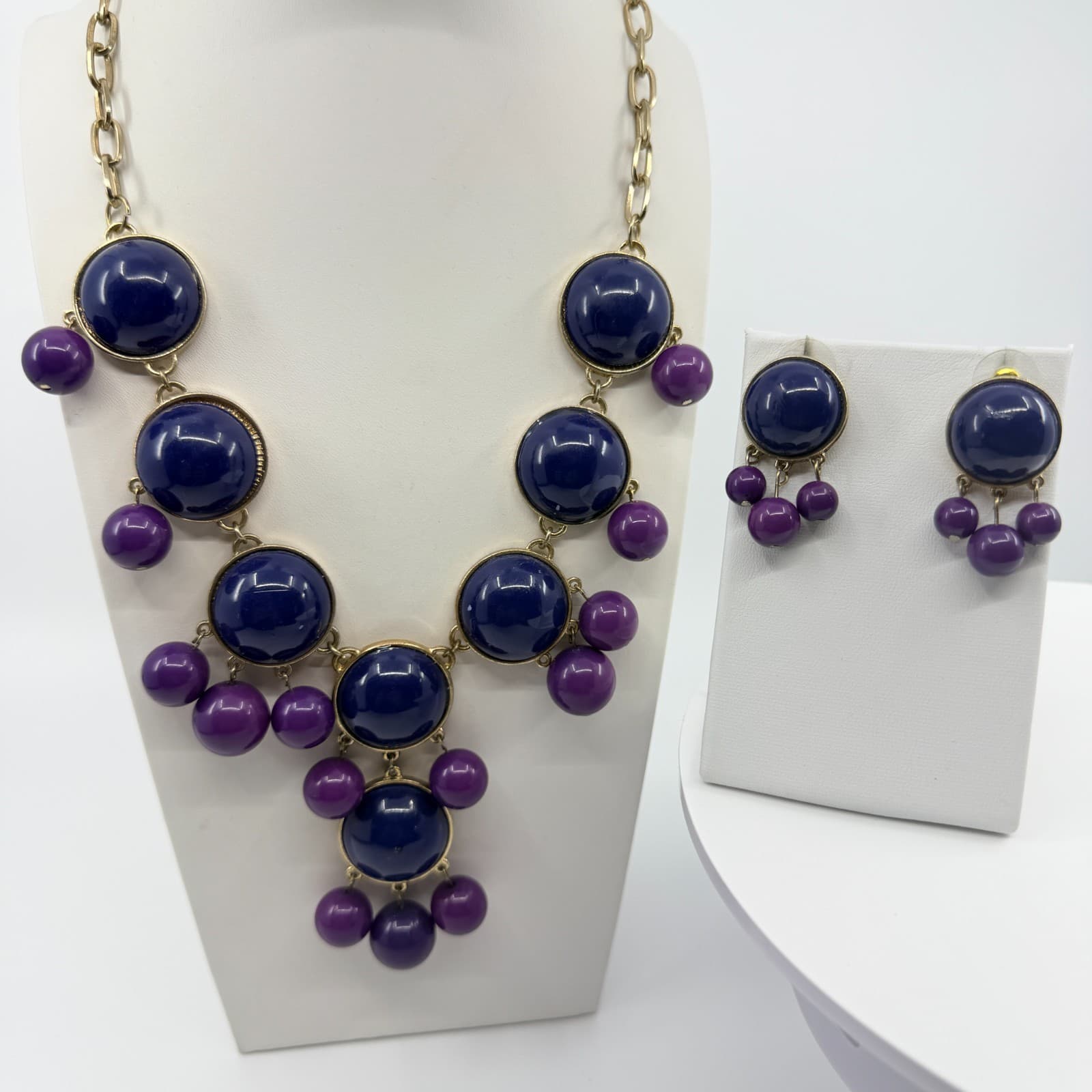 Vintage Gold Tone Purple Navy Blue Statement Necklace Earring Set Bold Chunky - Thumbnail 2