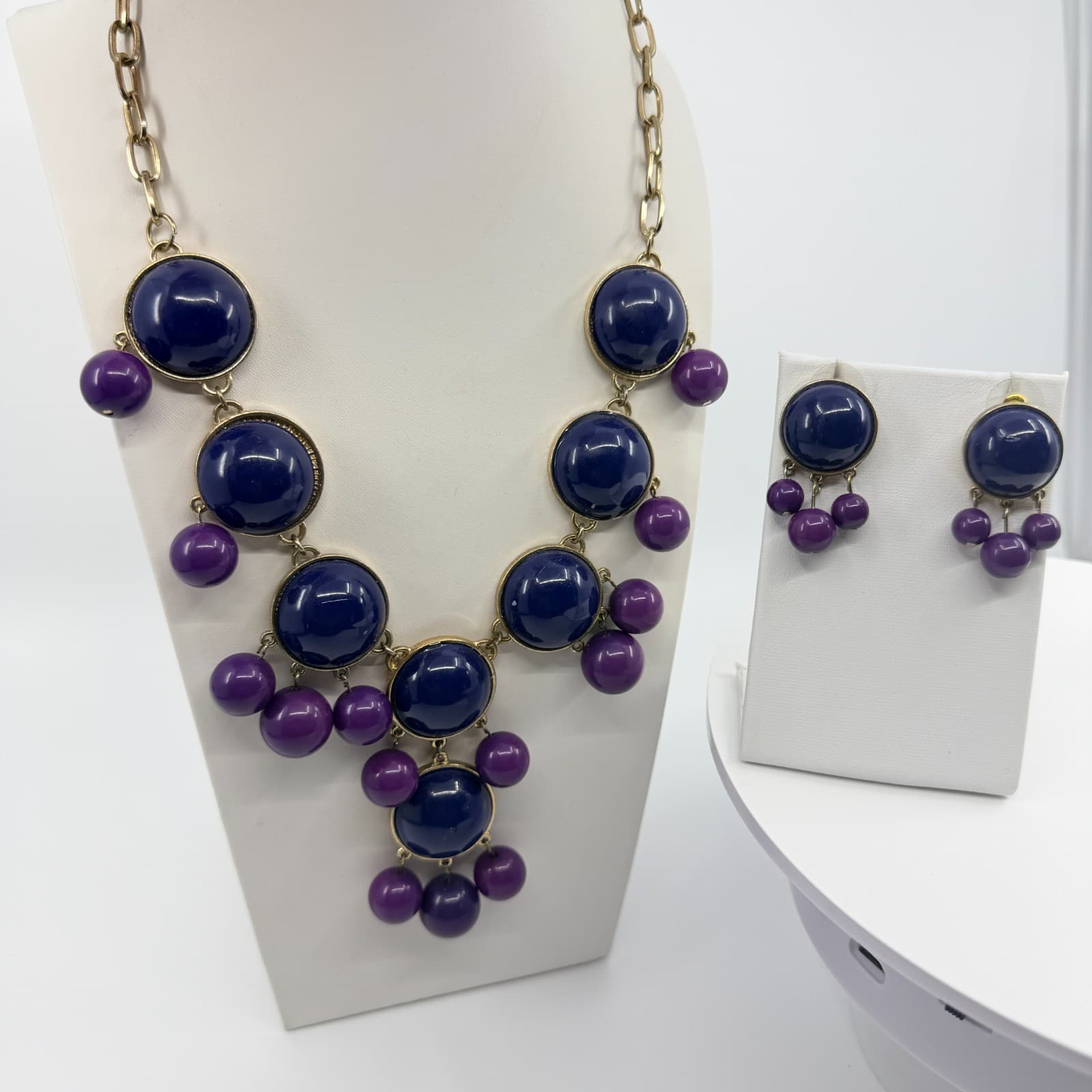 Vintage Gold Tone Purple Navy Blue Statement Necklace Earring Set Bold Chunky - Thumbnail 3