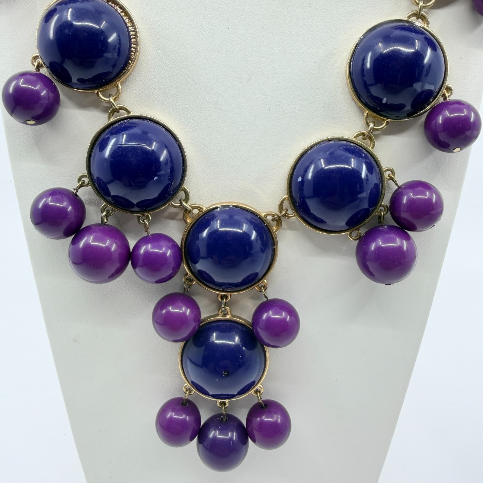 Vintage Gold Tone Purple Navy Blue Statement Necklace Earring Set Bold Chunky - Thumbnail 4