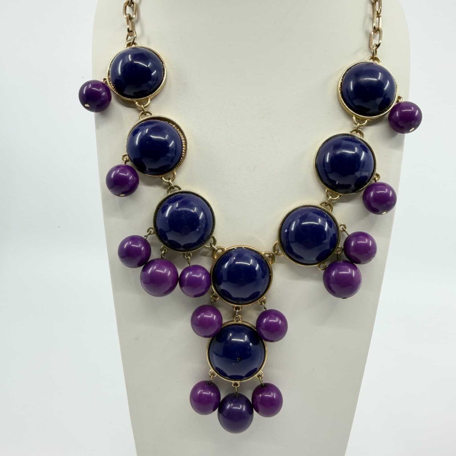 Vintage Gold Tone Purple Navy Blue Statement Necklace Earring Set Bold Chunky - Thumbnail 5
