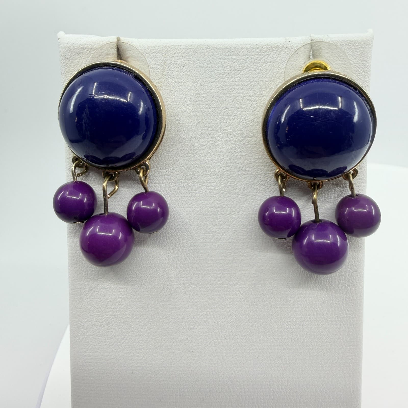 Vintage Gold Tone Purple Navy Blue Statement Necklace Earring Set Bold Chunky - Thumbnail 7