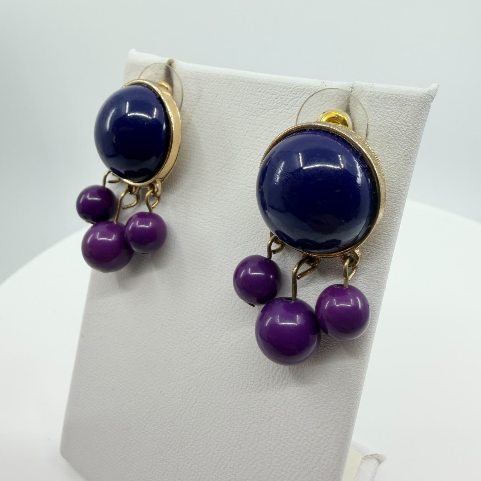 Vintage Gold Tone Purple Navy Blue Statement Necklace Earring Set Bold Chunky - Thumbnail 9