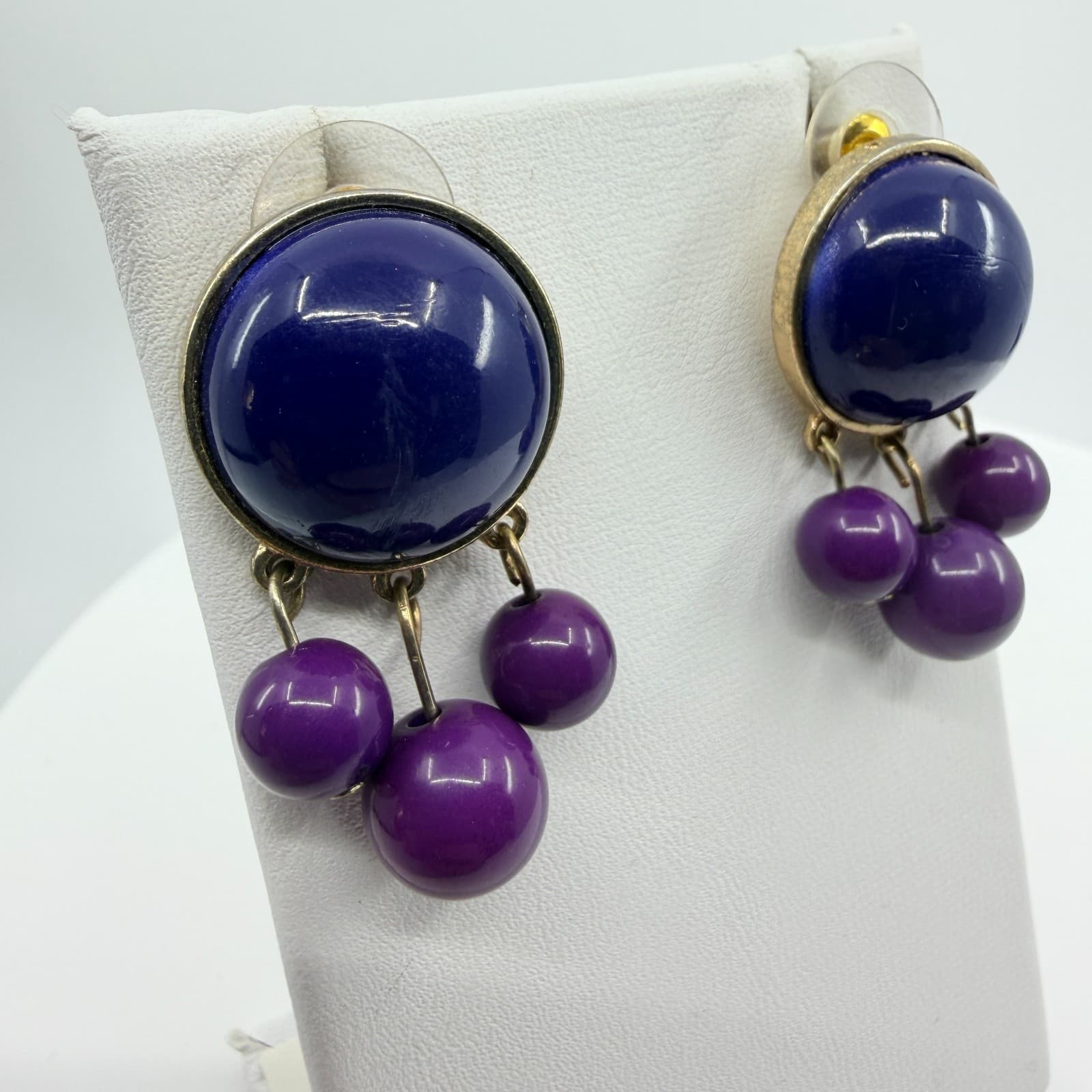 Vintage Gold Tone Purple Navy Blue Statement Necklace Earring Set Bold Chunky - Thumbnail 8