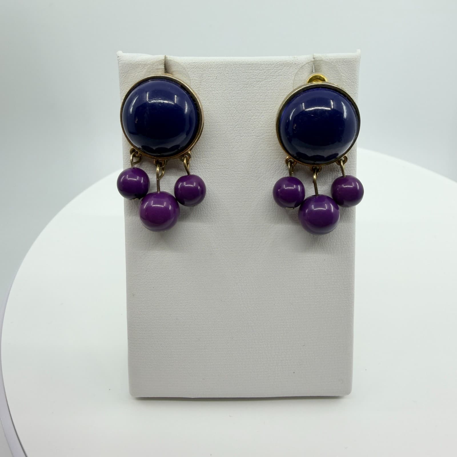 Vintage Gold Tone Purple Navy Blue Statement Necklace Earring Set Bold Chunky - Thumbnail 10