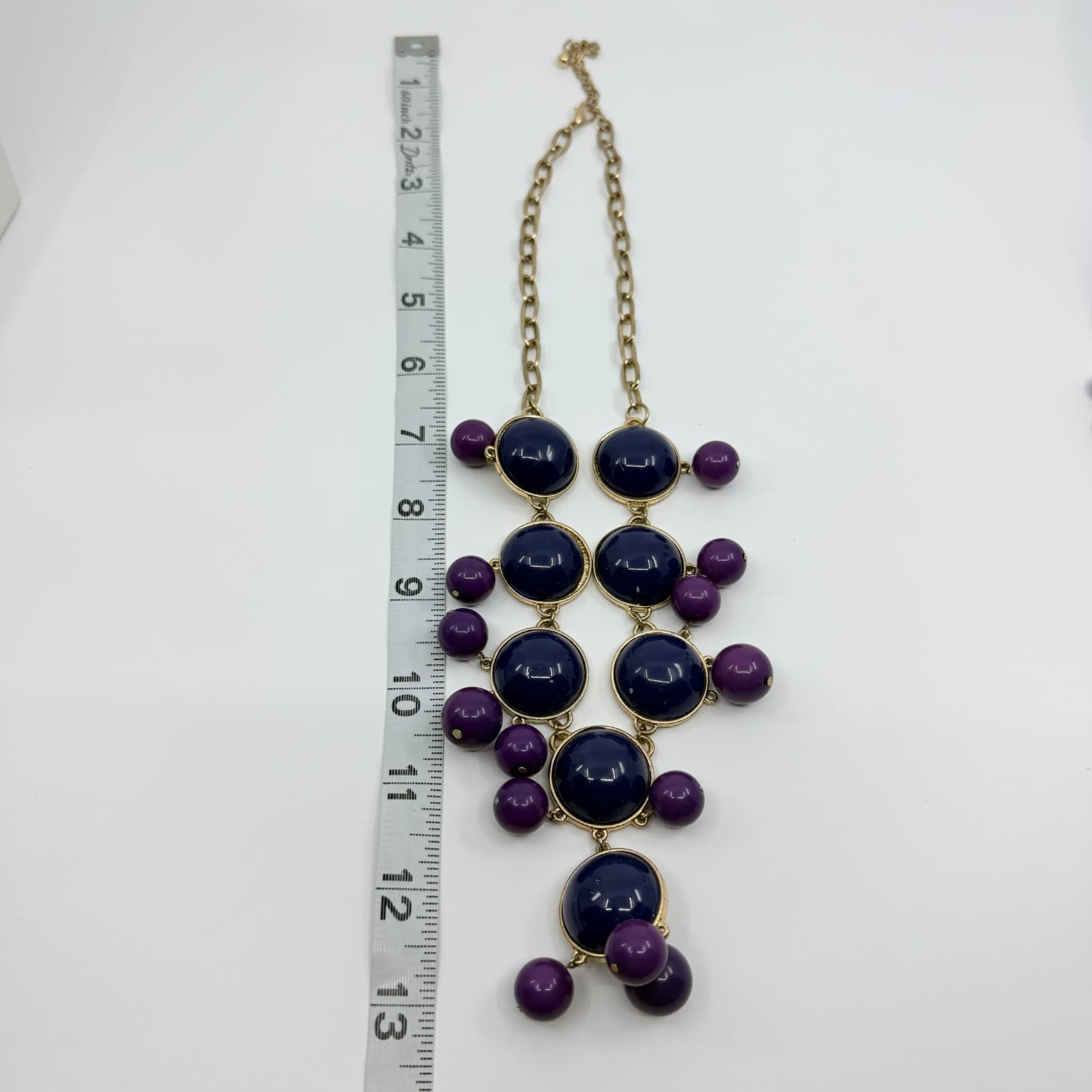 Vintage Gold Tone Purple Navy Blue Statement Necklace Earring Set Bold Chunky - Thumbnail 11