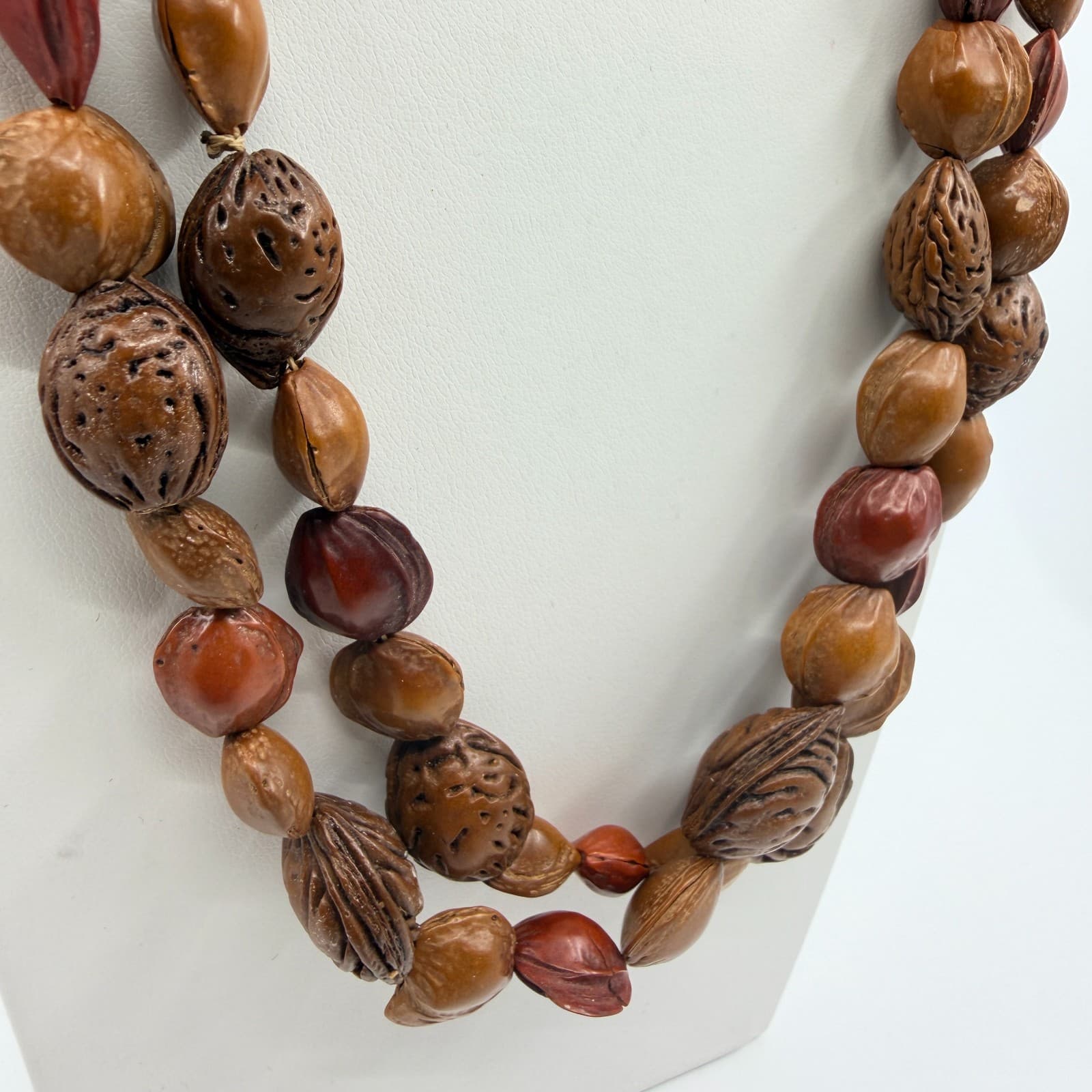 Vintage Natural Seed Nut Bead Necklace Multi Strand Earth Tone Boho Ethnic 90s - Thumbnail 4