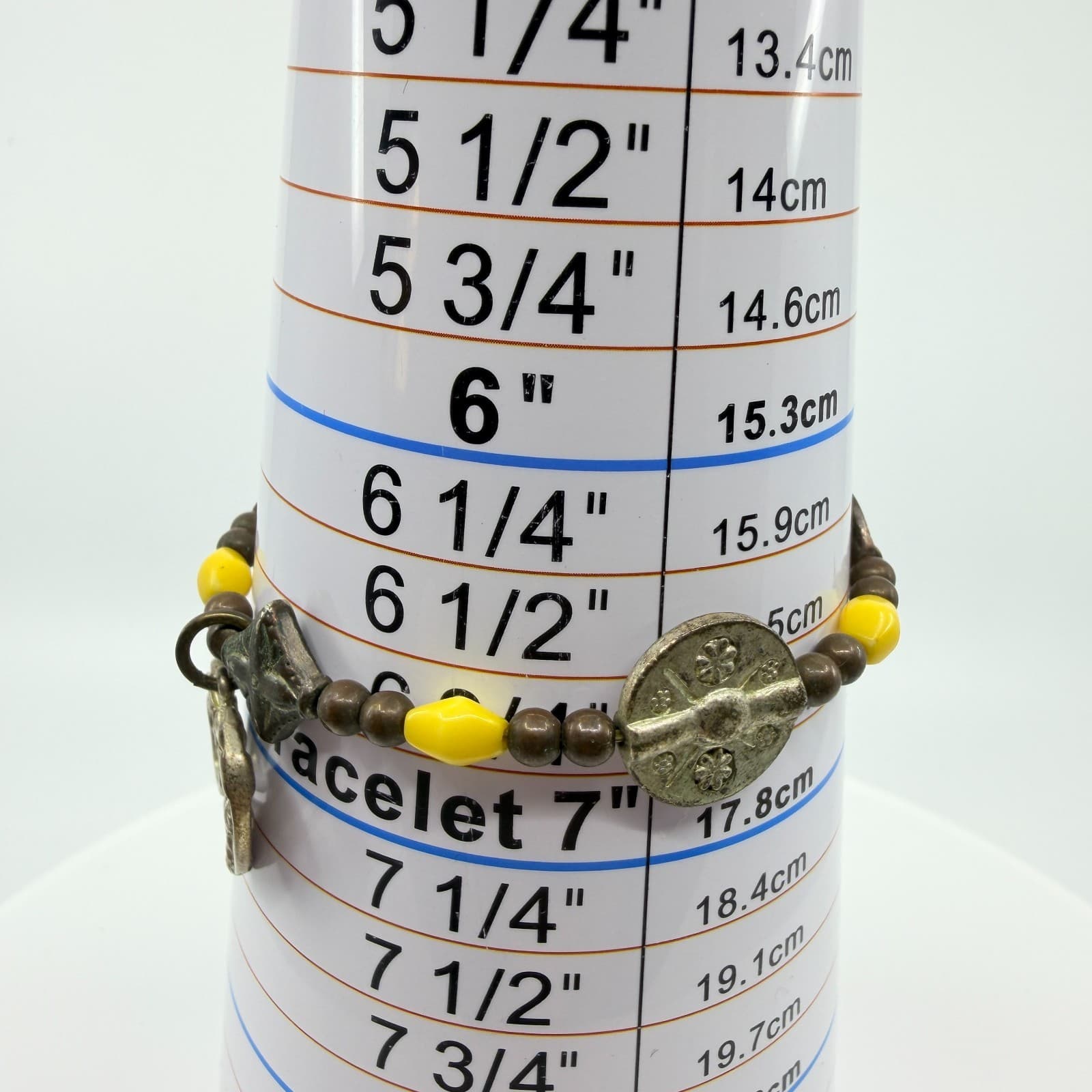 Vintage Silver Tone Heart Pendant Stretch Bracelet Yellow Boho Retro Statement - Thumbnail 7