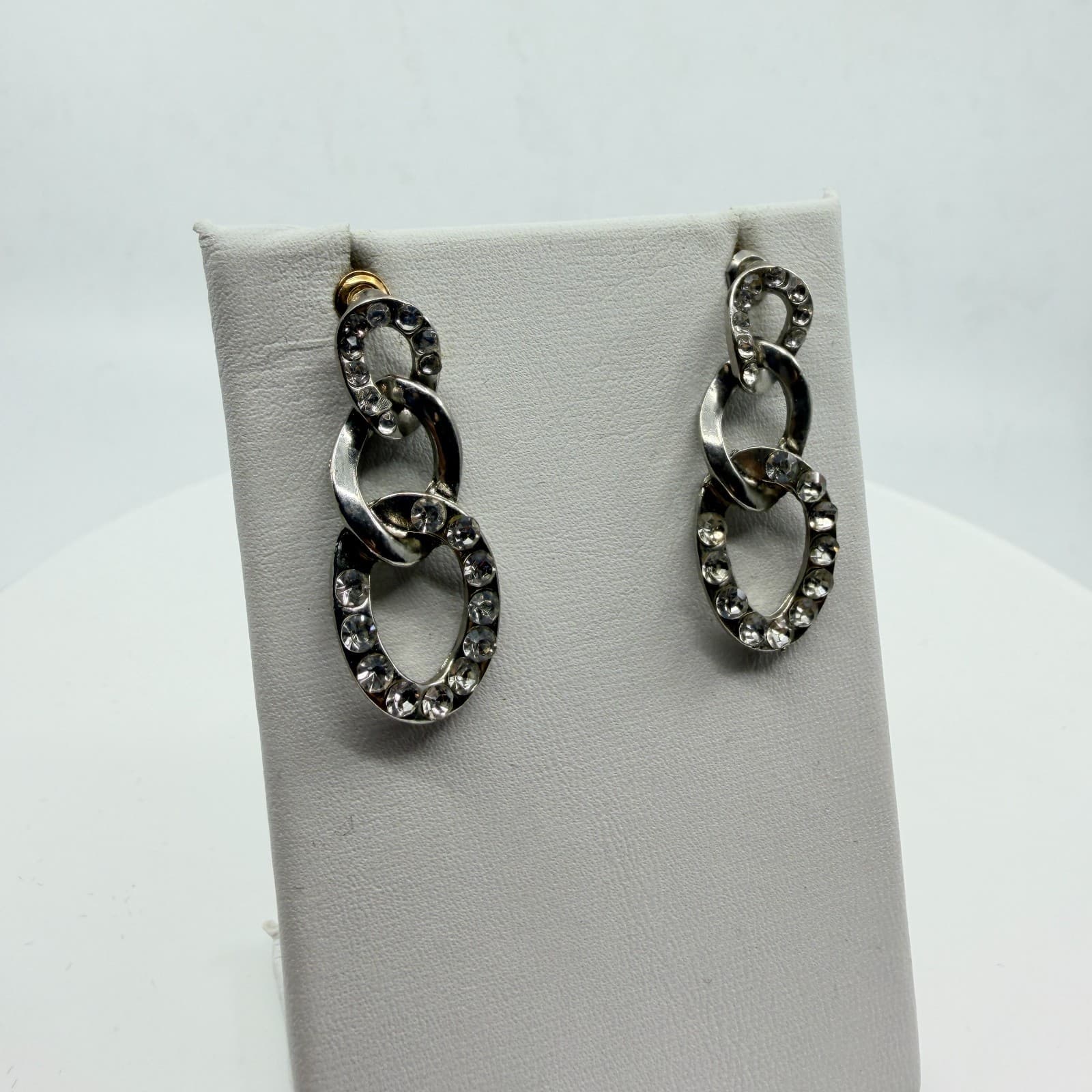 Vintage Rhinestone Link Drop Earrings Silver Tone Clear Crystal Oval Dangle Y2K - Thumbnail 2