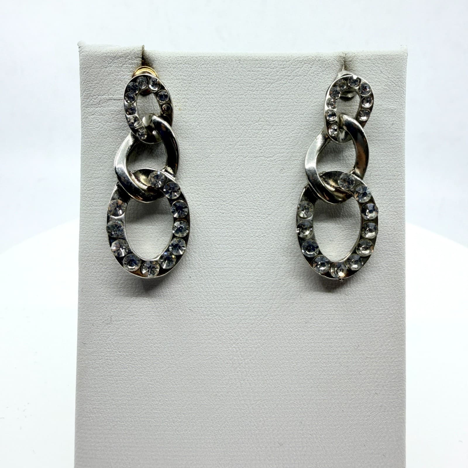 Vintage Rhinestone Link Drop Earrings Silver Tone Clear Crystal Oval Dangle Y2K - Thumbnail 3