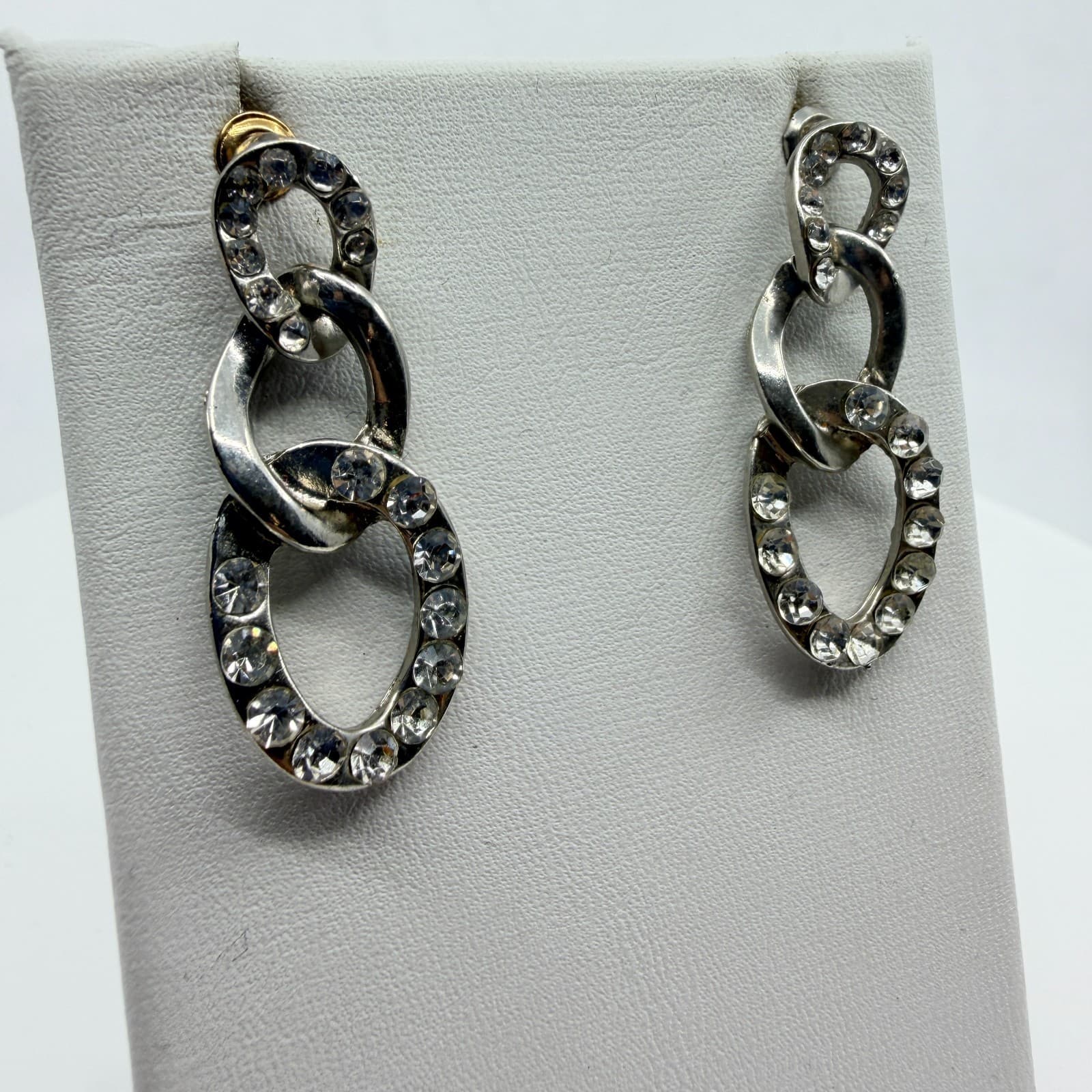 Vintage Rhinestone Link Drop Earrings Silver Tone Clear Crystal Oval Dangle Y2K - Thumbnail 4