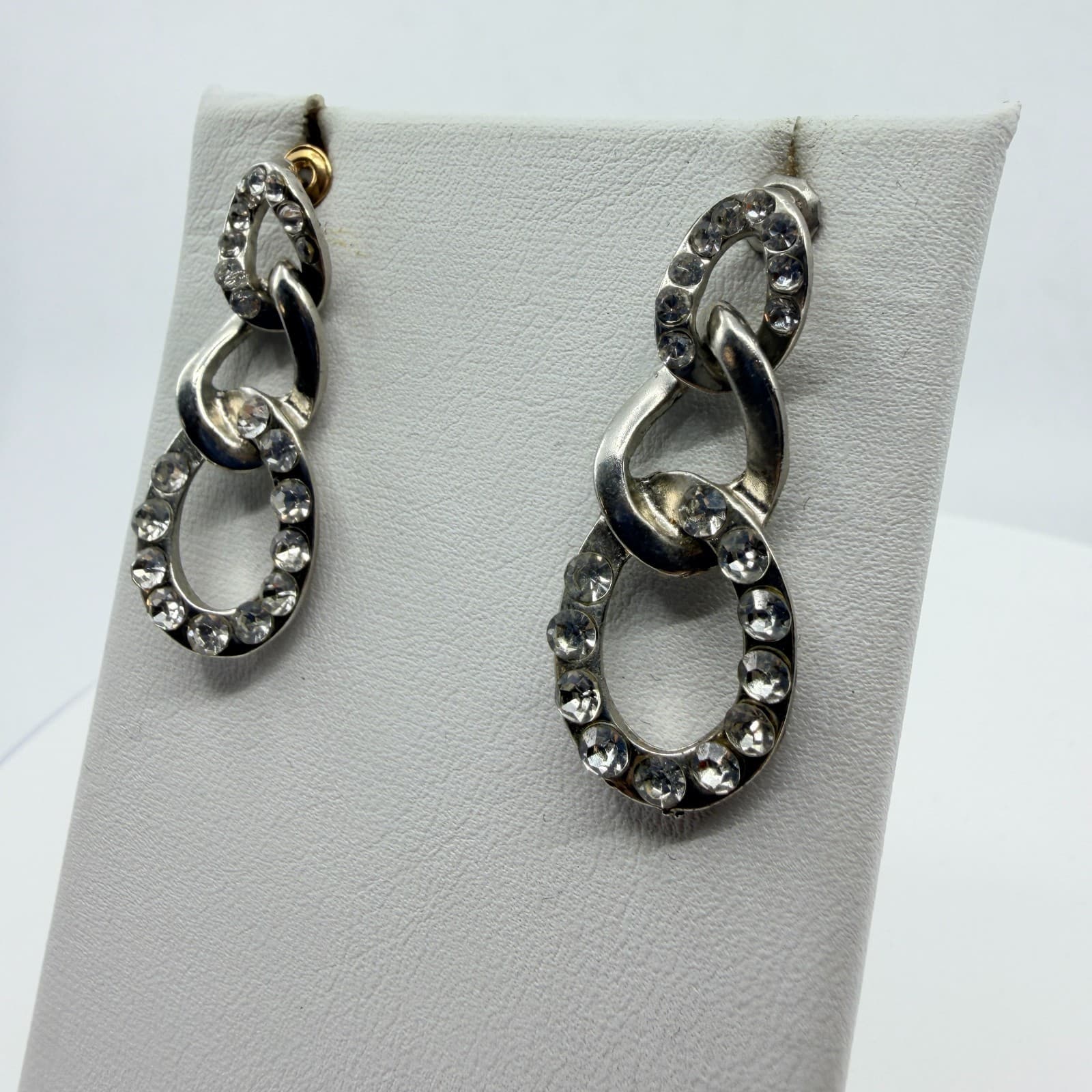 Vintage Rhinestone Link Drop Earrings Silver Tone Clear Crystal Oval Dangle Y2K - Thumbnail 5