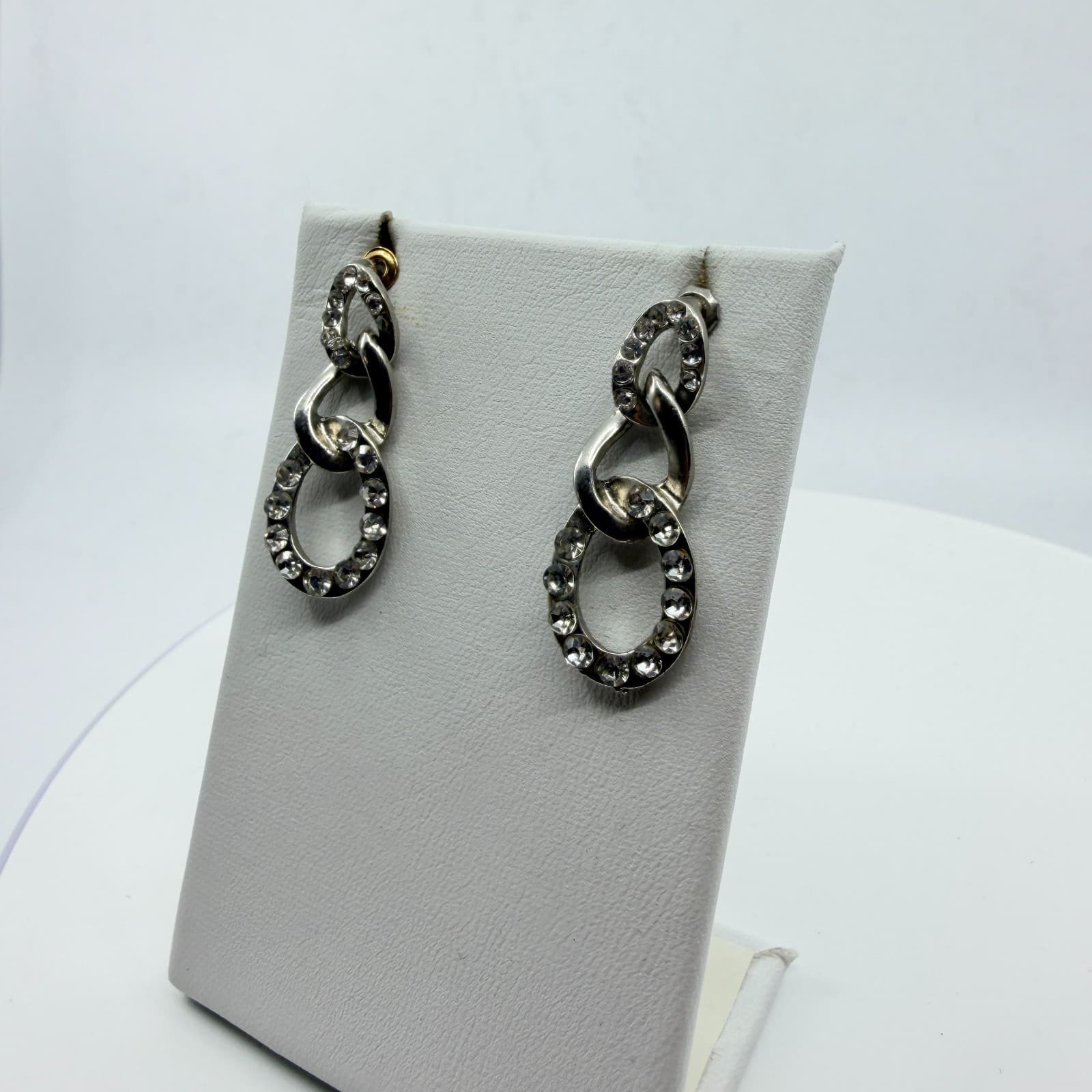 Vintage Rhinestone Link Drop Earrings Silver Tone Clear Crystal Oval Dangle Y2K - Thumbnail 6