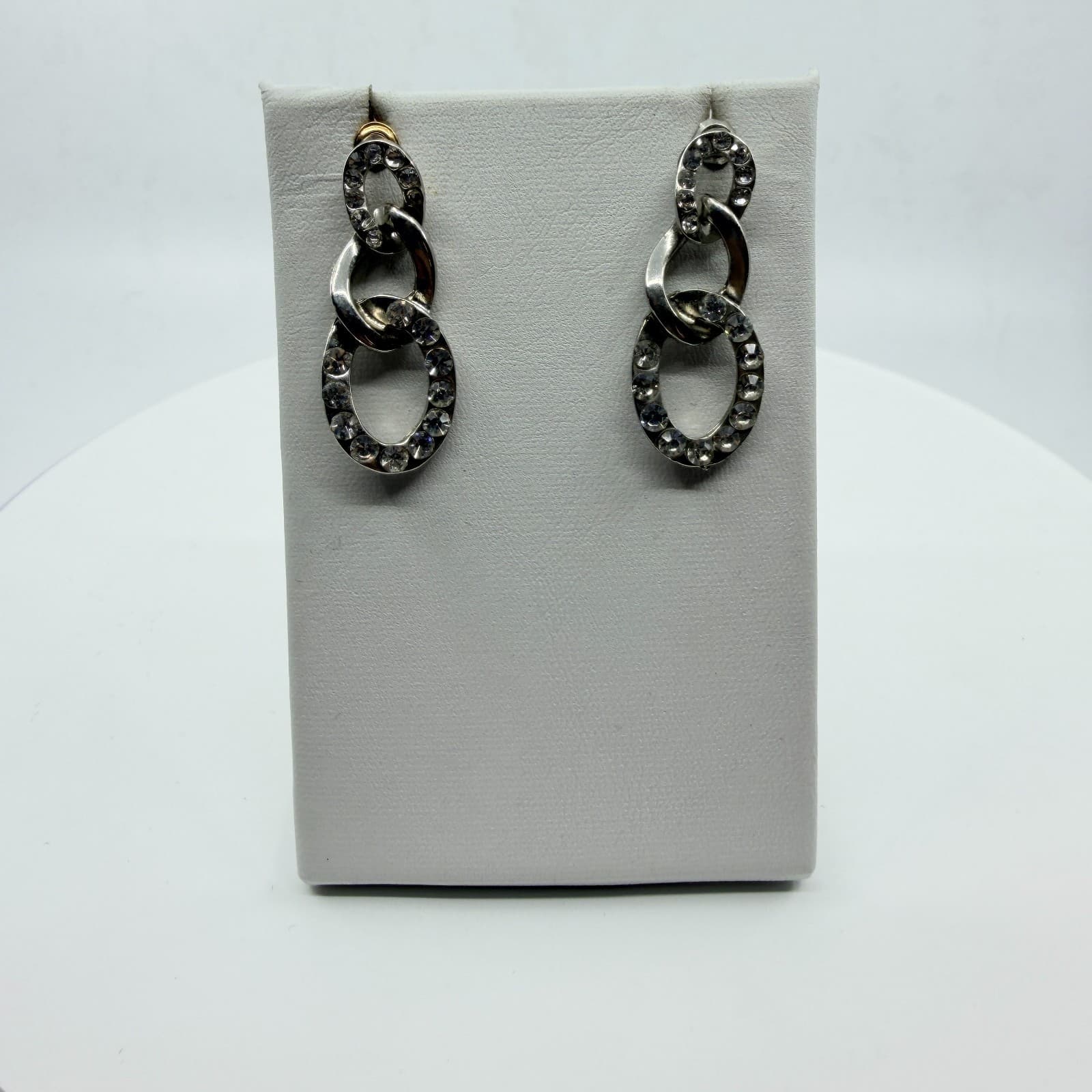 Vintage Rhinestone Link Drop Earrings Silver Tone Clear Crystal Oval Dangle Y2K - Thumbnail 7