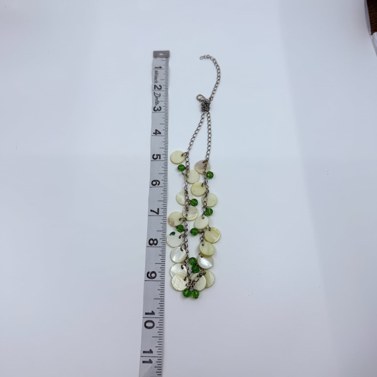 Vintage Silver Tone Iridescent Cream Disc Necklace Green Beaded Boho Beachy Y2K - Thumbnail 7