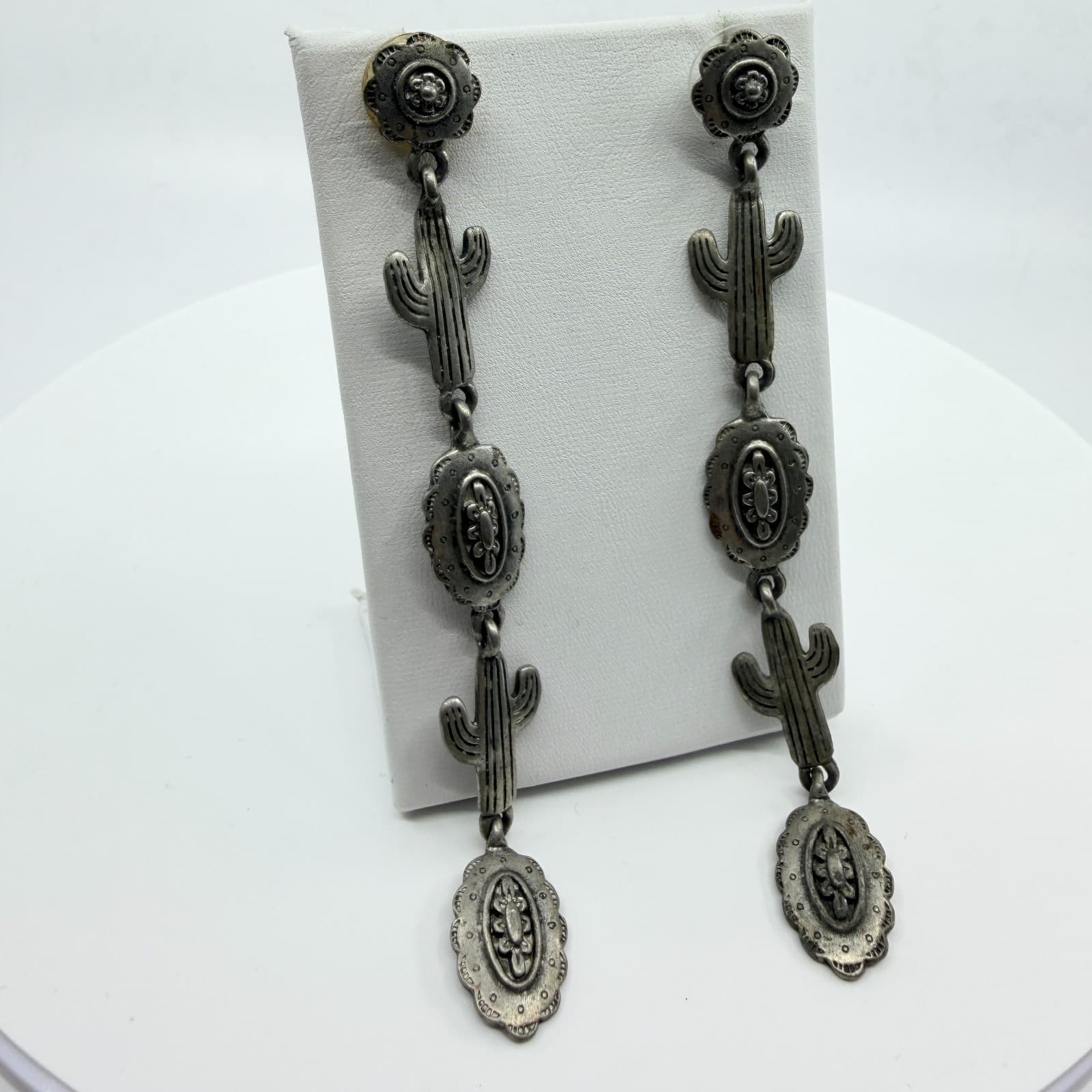 Vintage Southwestern Silver Tone Cactus Flower Long Dangle Drop Post Earrings - Thumbnail 5