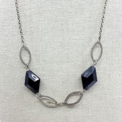 Vintage Silver Tone Black Geometric Lozenge Bead Necklace Textured Link Retro - Thumbnail 2