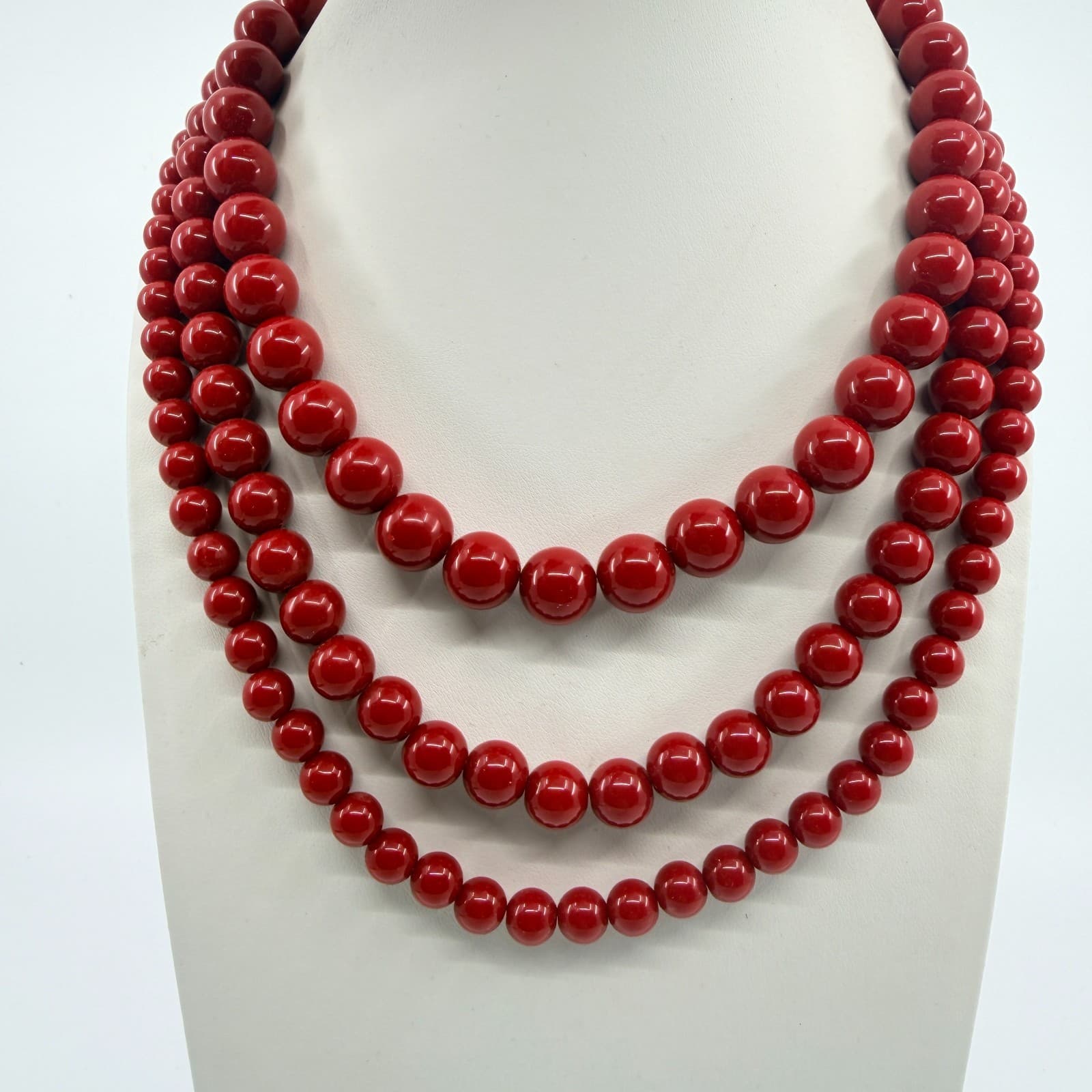 Vintage Red Beaded Multi Strand Necklace Layered Statement Bold Chunky Retro 90s - Thumbnail 6