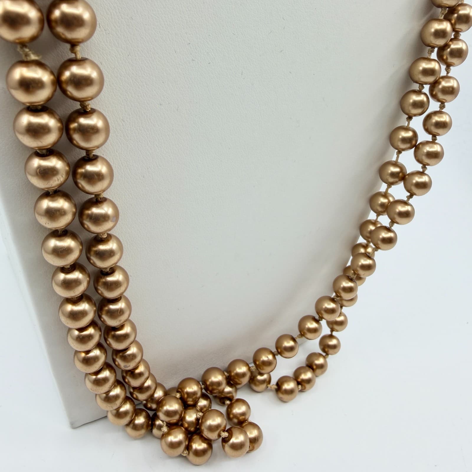 Vintage Champagne Gold Tone Faux Pearl Long Opera Strand Necklace Double Layer - Thumbnail 4