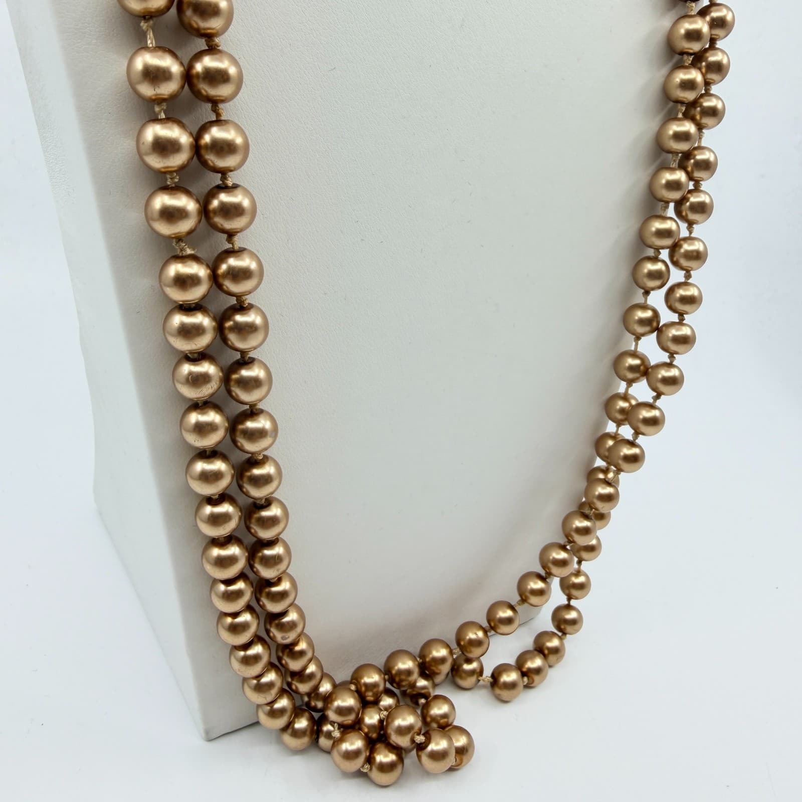 Vintage Champagne Gold Tone Faux Pearl Long Opera Strand Necklace Double Layer - Thumbnail 5