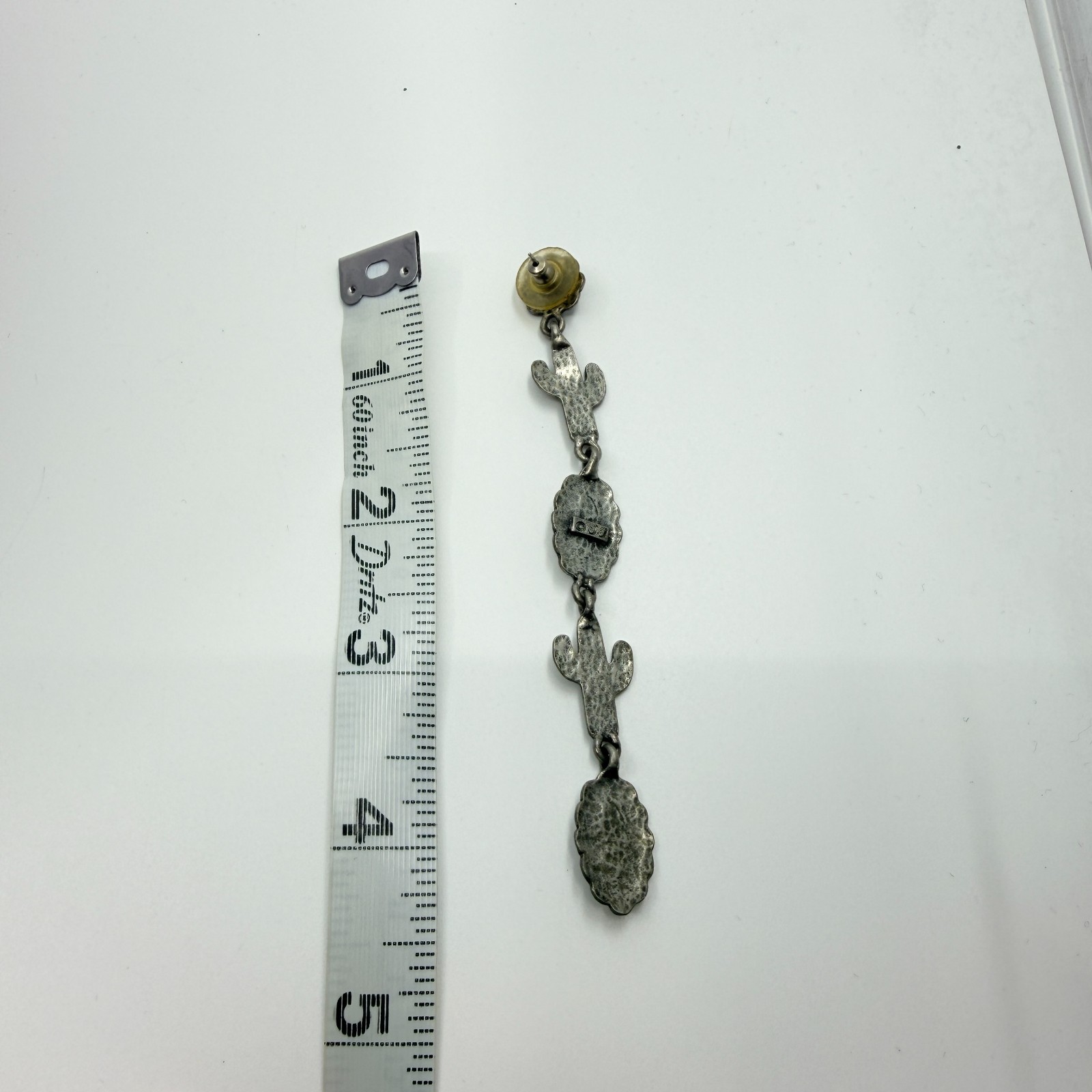 Vintage Southwestern Silver Tone Cactus Flower Long Dangle Drop Post Earrings - Thumbnail 8