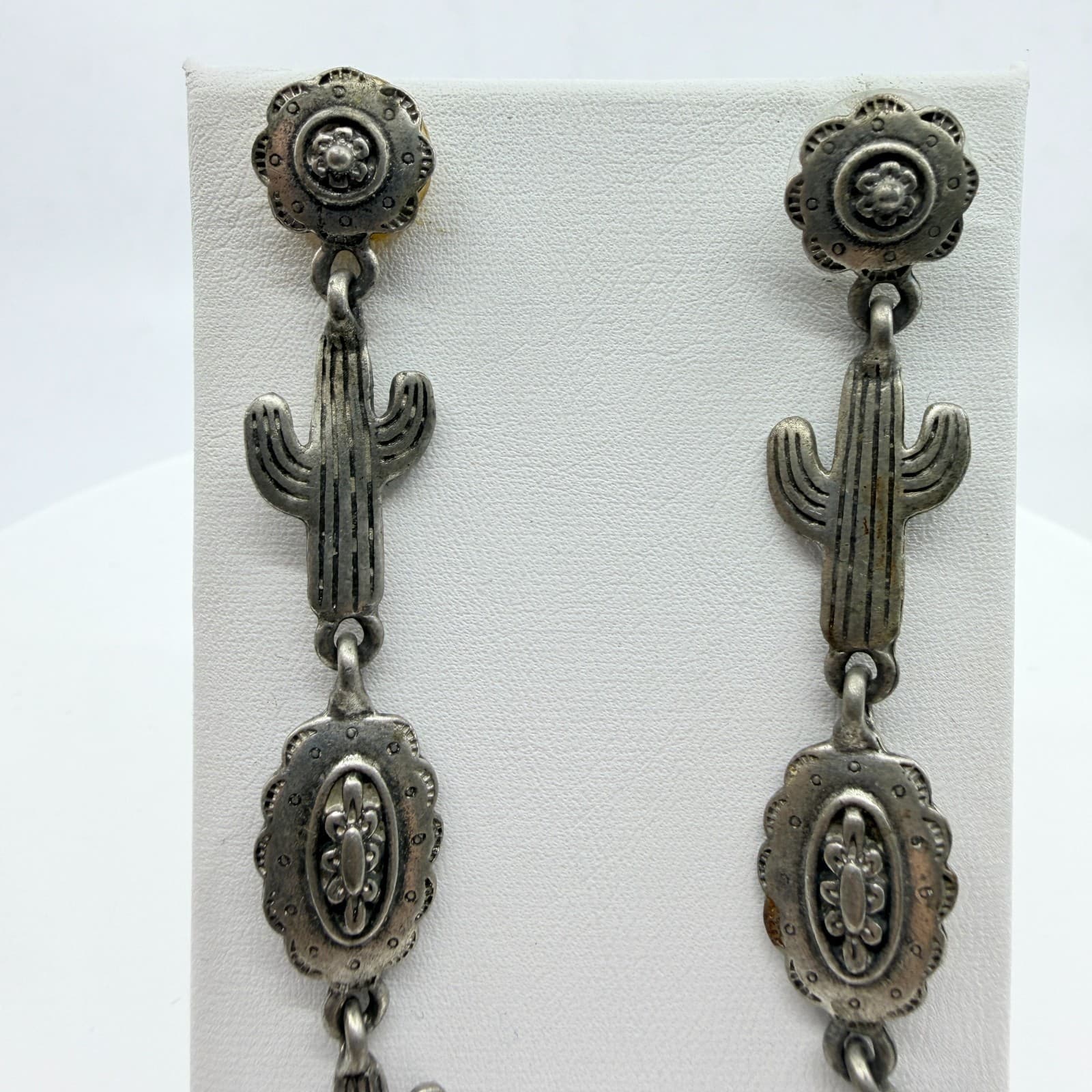 Vintage Southwestern Silver Tone Cactus Flower Long Dangle Drop Post Earrings - Thumbnail 6