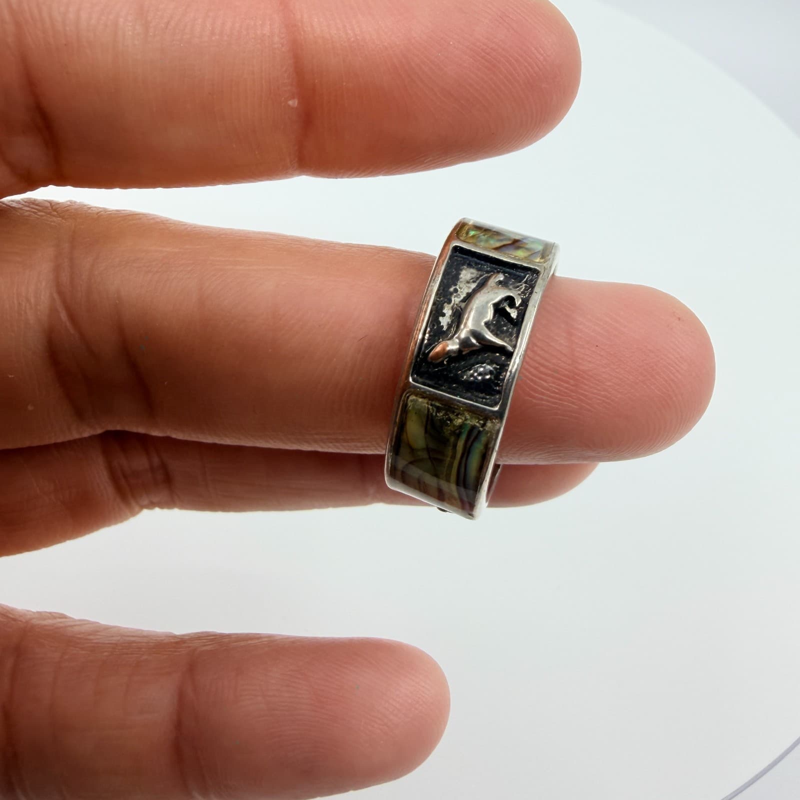 Vintage Silver Tone Dog Hound Ring Iridescent Inlay Band Statement Boho - Thumbnail 7