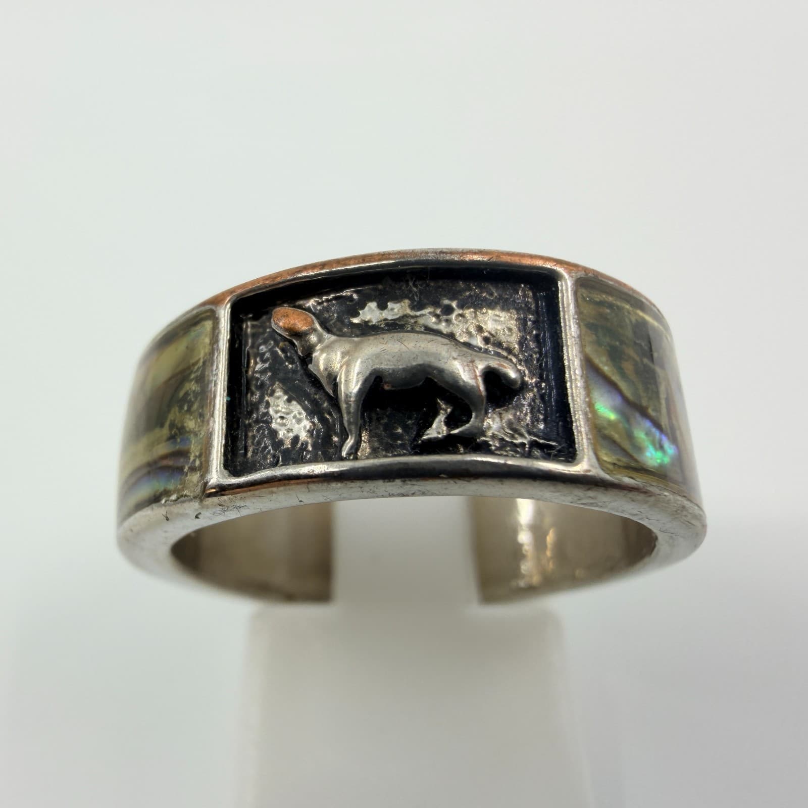 Vintage Silver Tone Dog Hound Ring Iridescent Inlay Band Statement Boho - Thumbnail 6