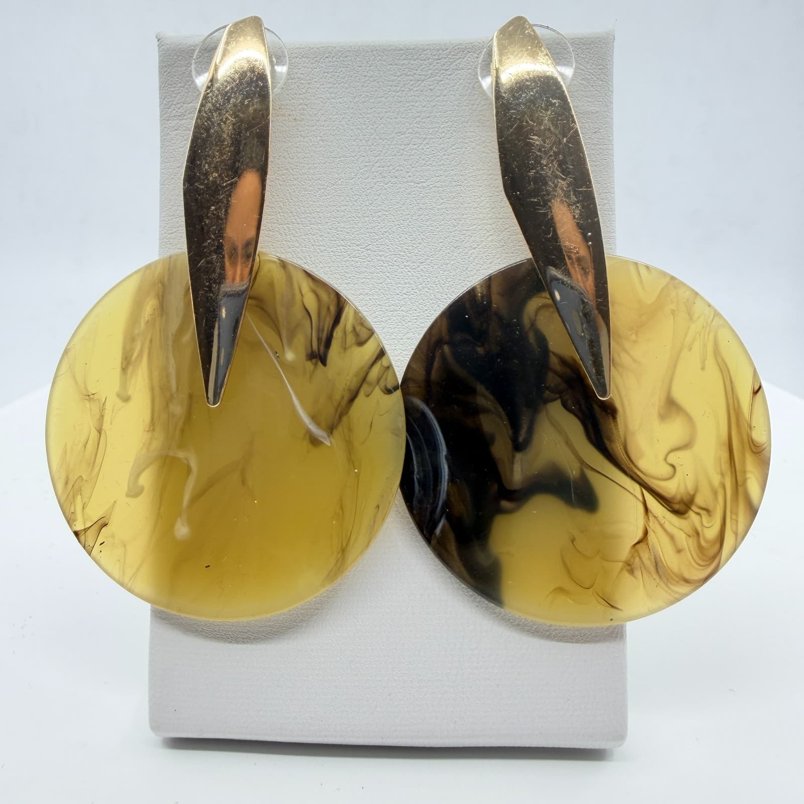 VTG Chunky Marbled Amber Dolor Resin Statement Hoop Earrings Gold Tone Abstract - Thumbnail 5