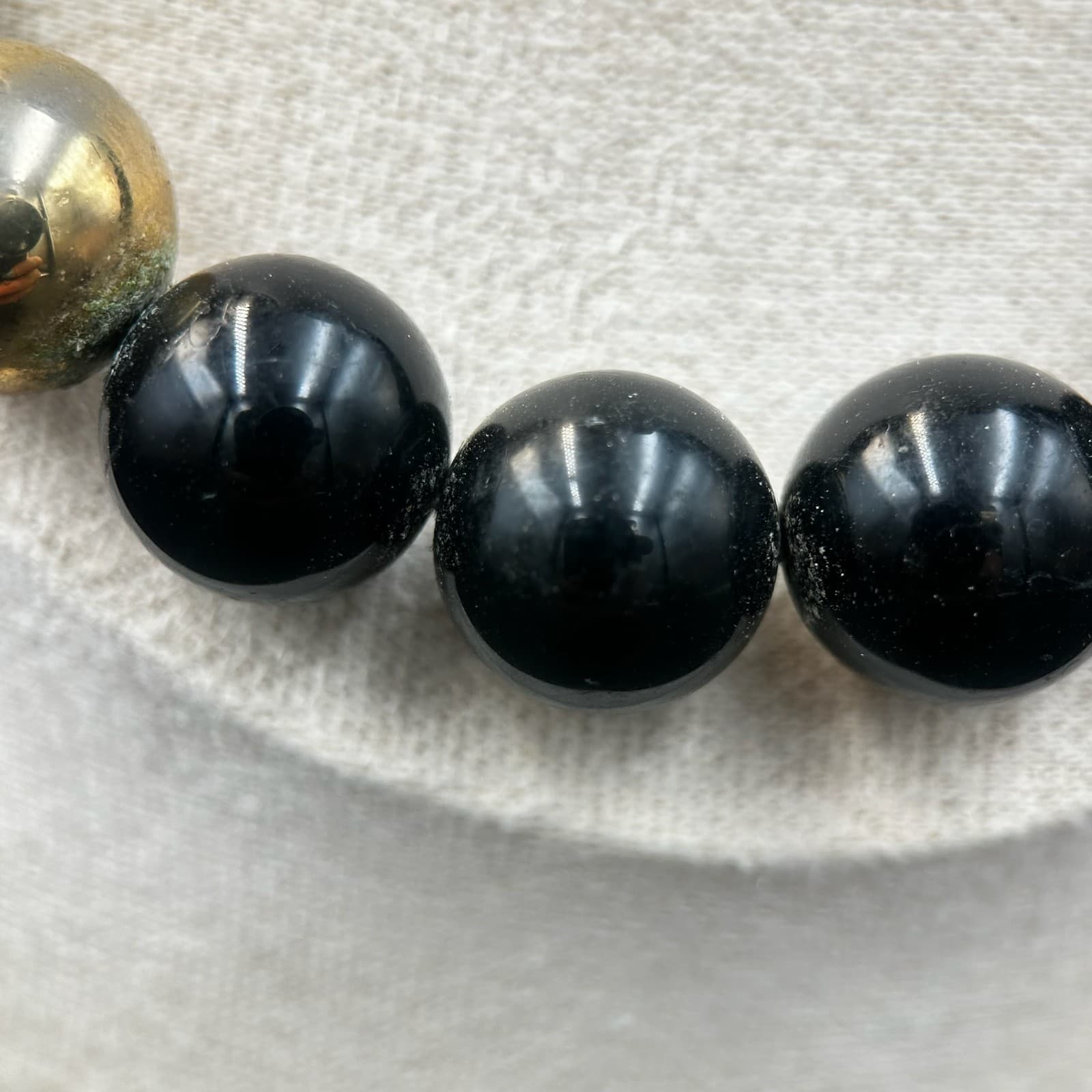Vintage Gold and Black Onyx Tone Beaded Necklace Fashion Jewelry Disc & Oval 22" - Thumbnail 5