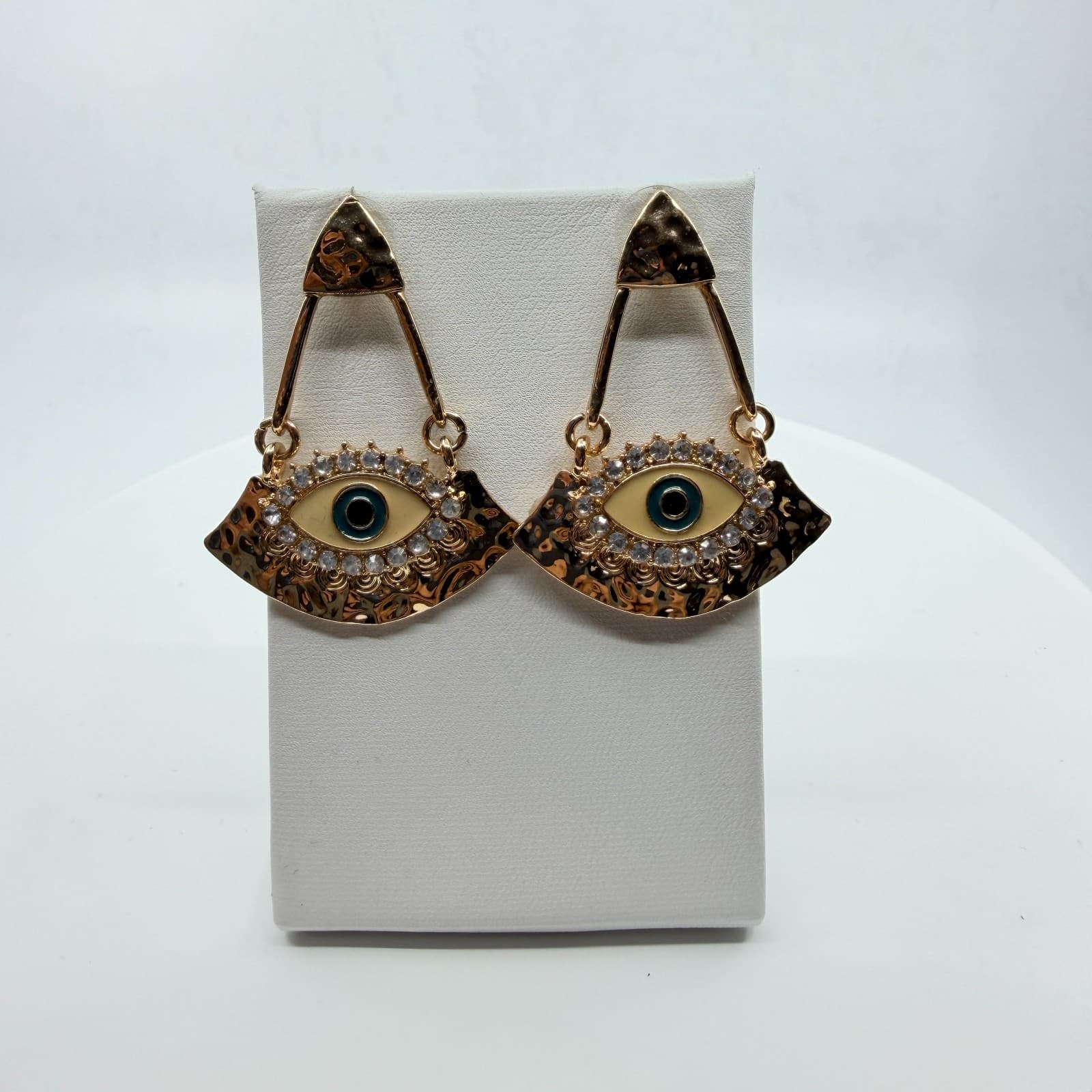 Y2K Boho Gold Evil Eye Dangle Earrings Rhinestone Enamel Fan Drop Statement - Thumbnail 5