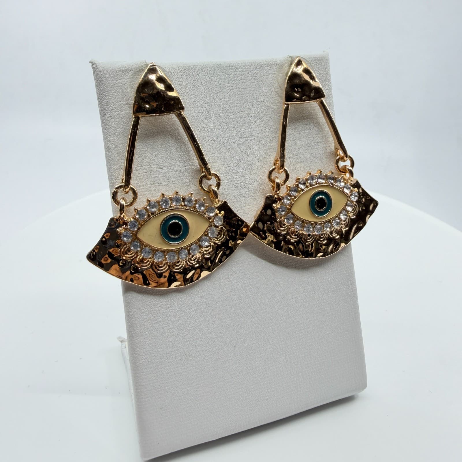 Y2K Boho Gold Evil Eye Dangle Earrings Rhinestone Enamel Fan Drop Statement - Thumbnail 3