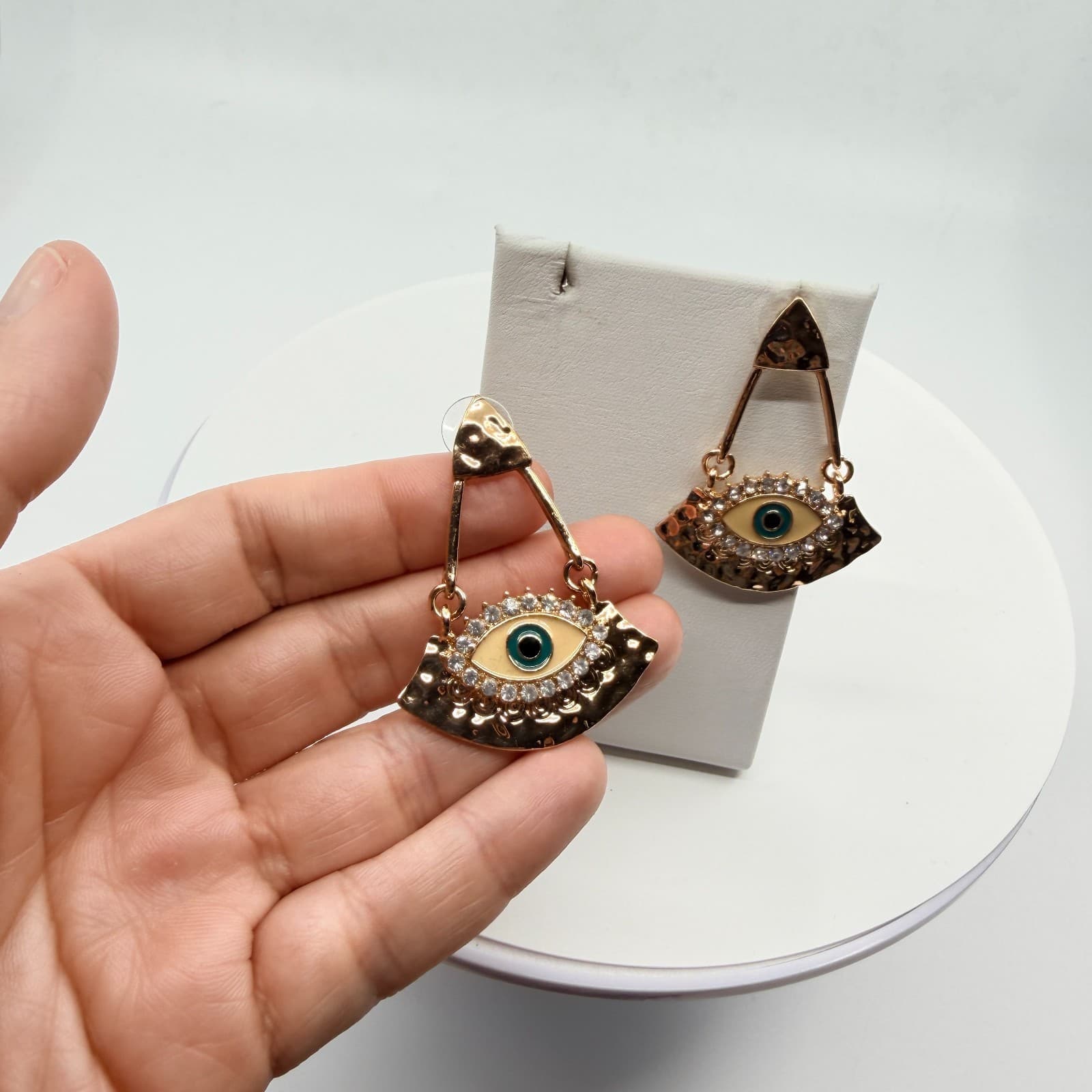 Y2K Boho Gold Evil Eye Dangle Earrings Rhinestone Enamel Fan Drop Statement - Thumbnail 6