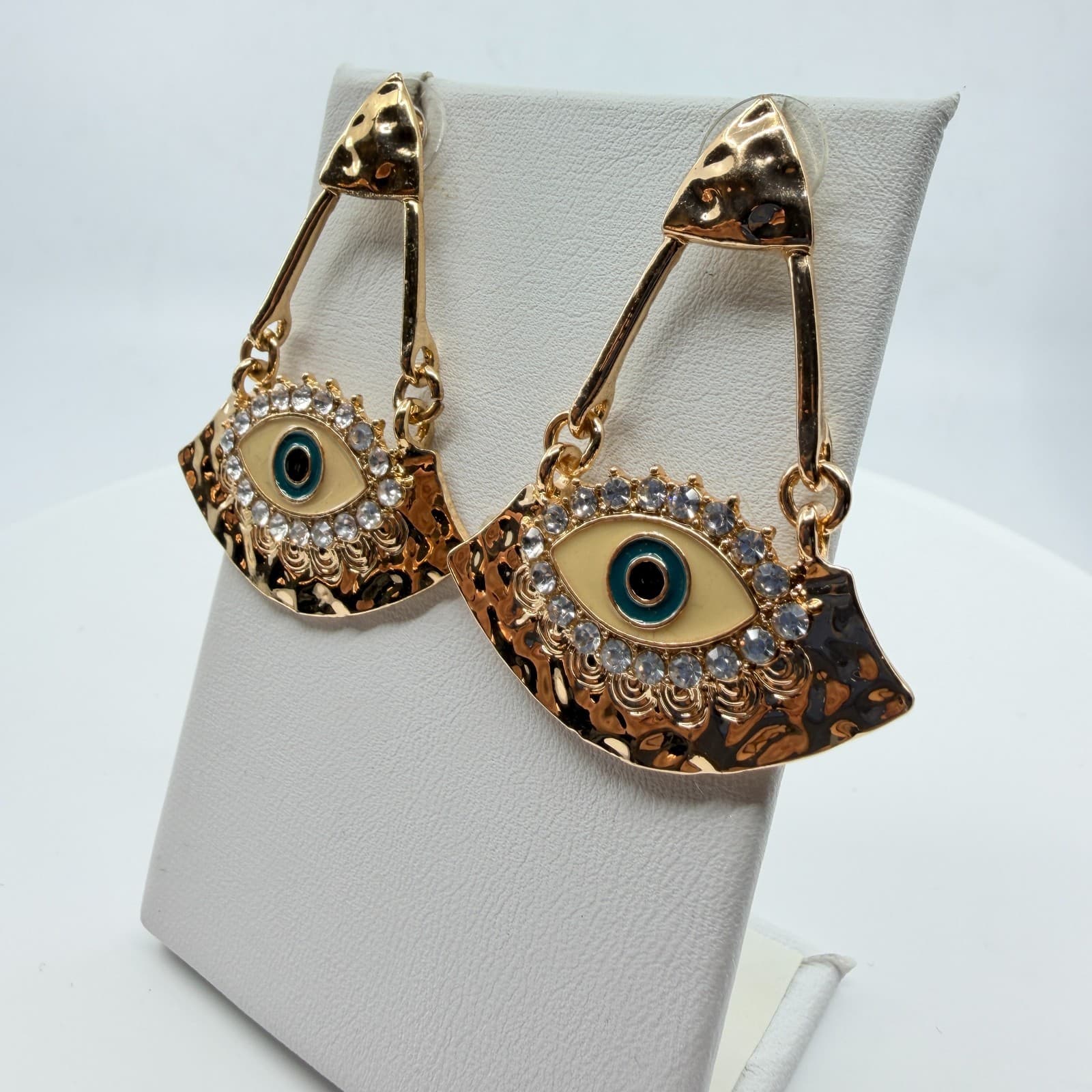 Y2K Boho Gold Evil Eye Dangle Earrings Rhinestone Enamel Fan Drop Statement - Thumbnail 4