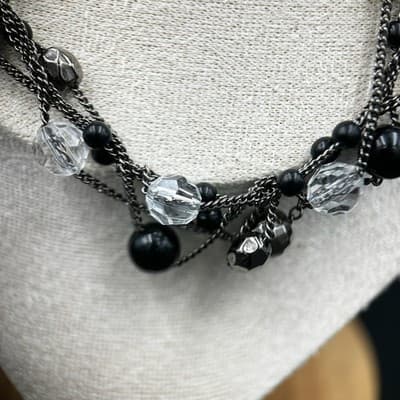 Vintage Glass & Crystal Beaded Multi-Strand Necklace Black & Clear Y2K 90s 2000s - Thumbnail 5