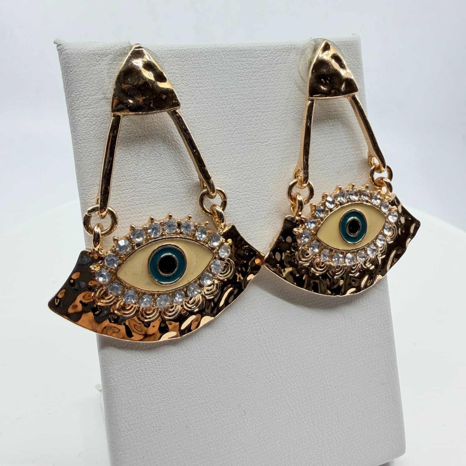 Y2K Boho Gold Evil Eye Dangle Earrings Rhinestone Enamel Fan Drop Statement - Thumbnail 2
