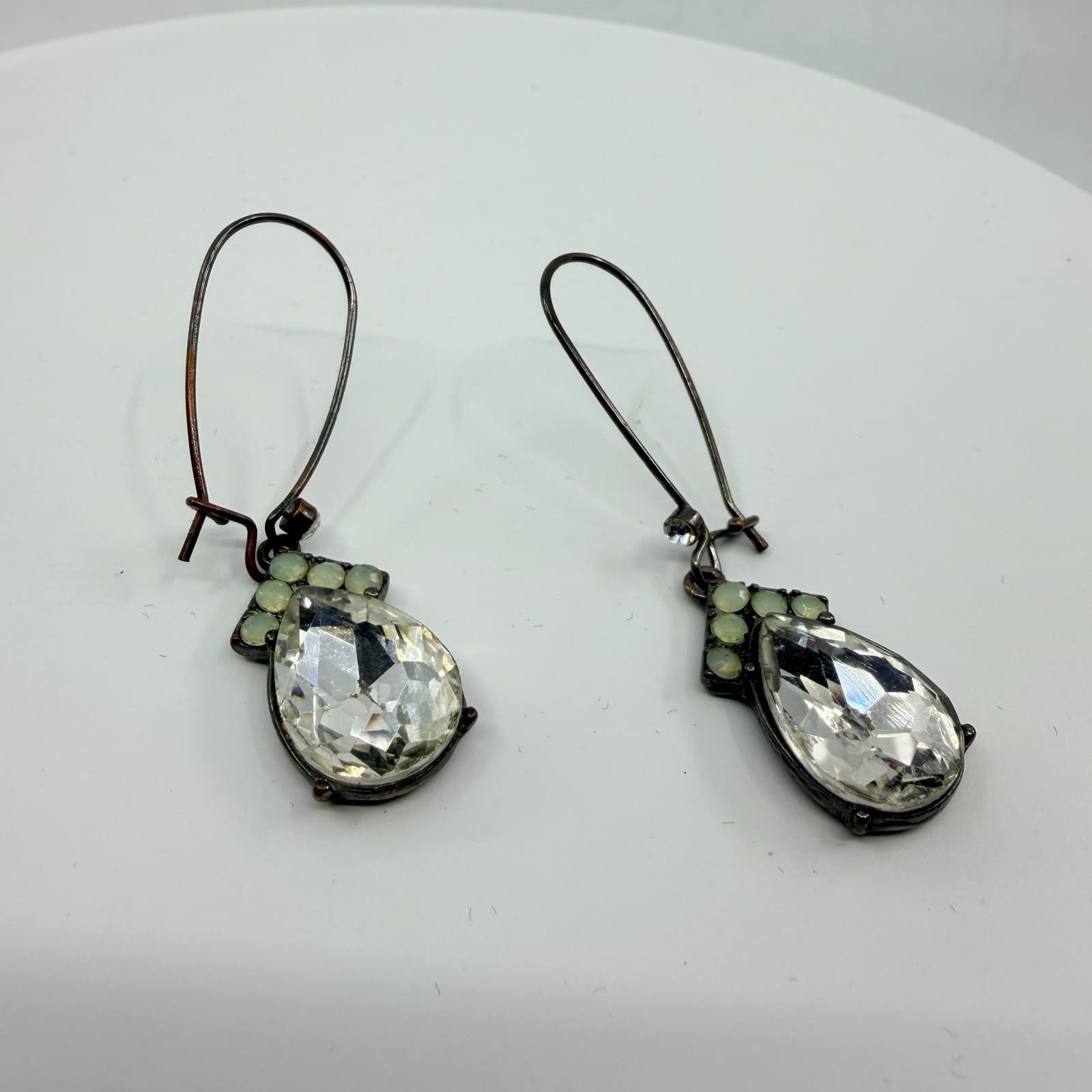 Vintage Y2K Clear Teardrop Crystal Drop Wire Earrings Antiqued Gunmetal Boho - Thumbnail 3