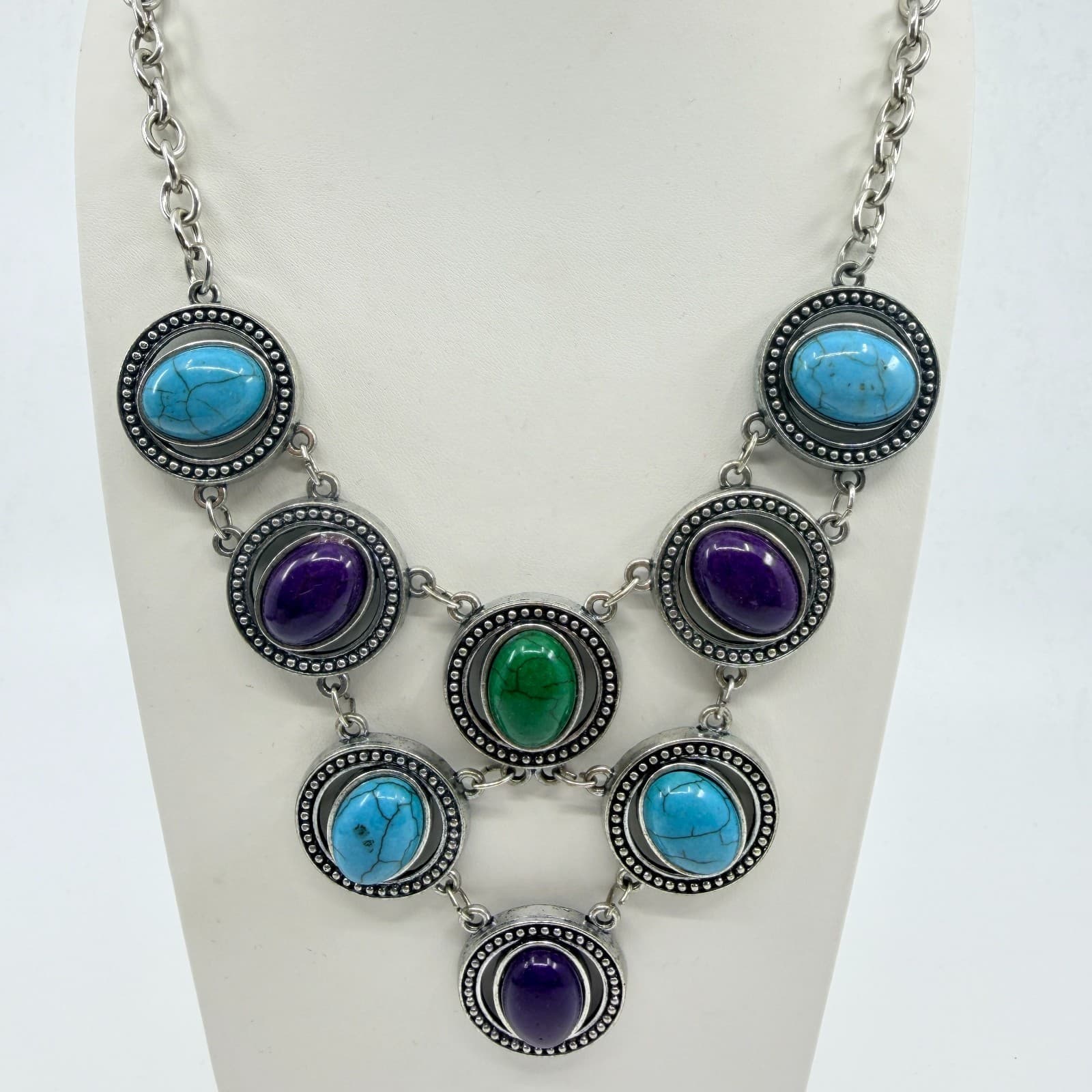 VTG Silver Tone Multi Color Faux Turquoise Purple Green Cabochon Bib Necklace - Thumbnail 2