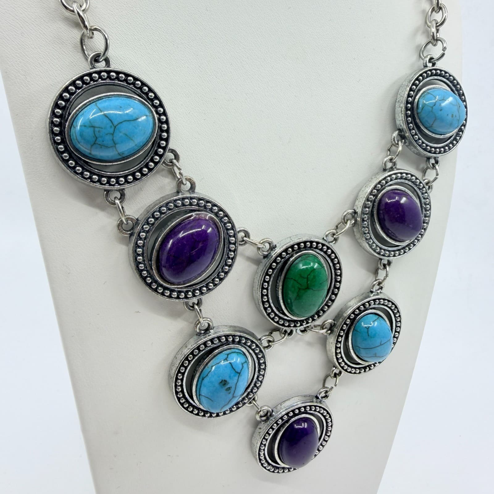 VTG Silver Tone Multi Color Faux Turquoise Purple Green Cabochon Bib Necklace - Thumbnail 3