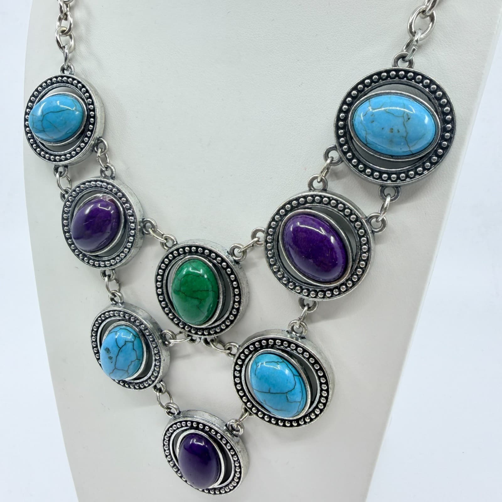 VTG Silver Tone Multi Color Faux Turquoise Purple Green Cabochon Bib Necklace - Thumbnail 5