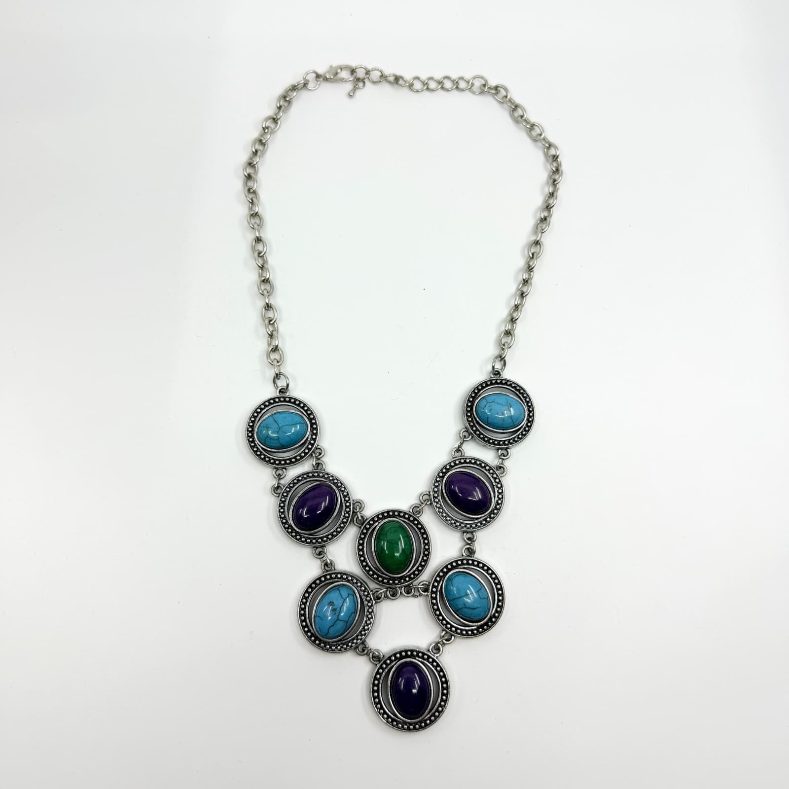 VTG Silver Tone Multi Color Faux Turquoise Purple Green Cabochon Bib Necklace - Thumbnail 10