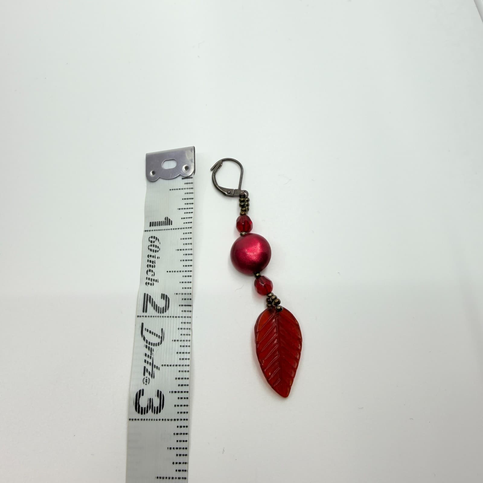 Vintage Y2K Red Beaded Leaf Dangle Earrings Boho Satin Finish Leverback Hinged - Thumbnail 8